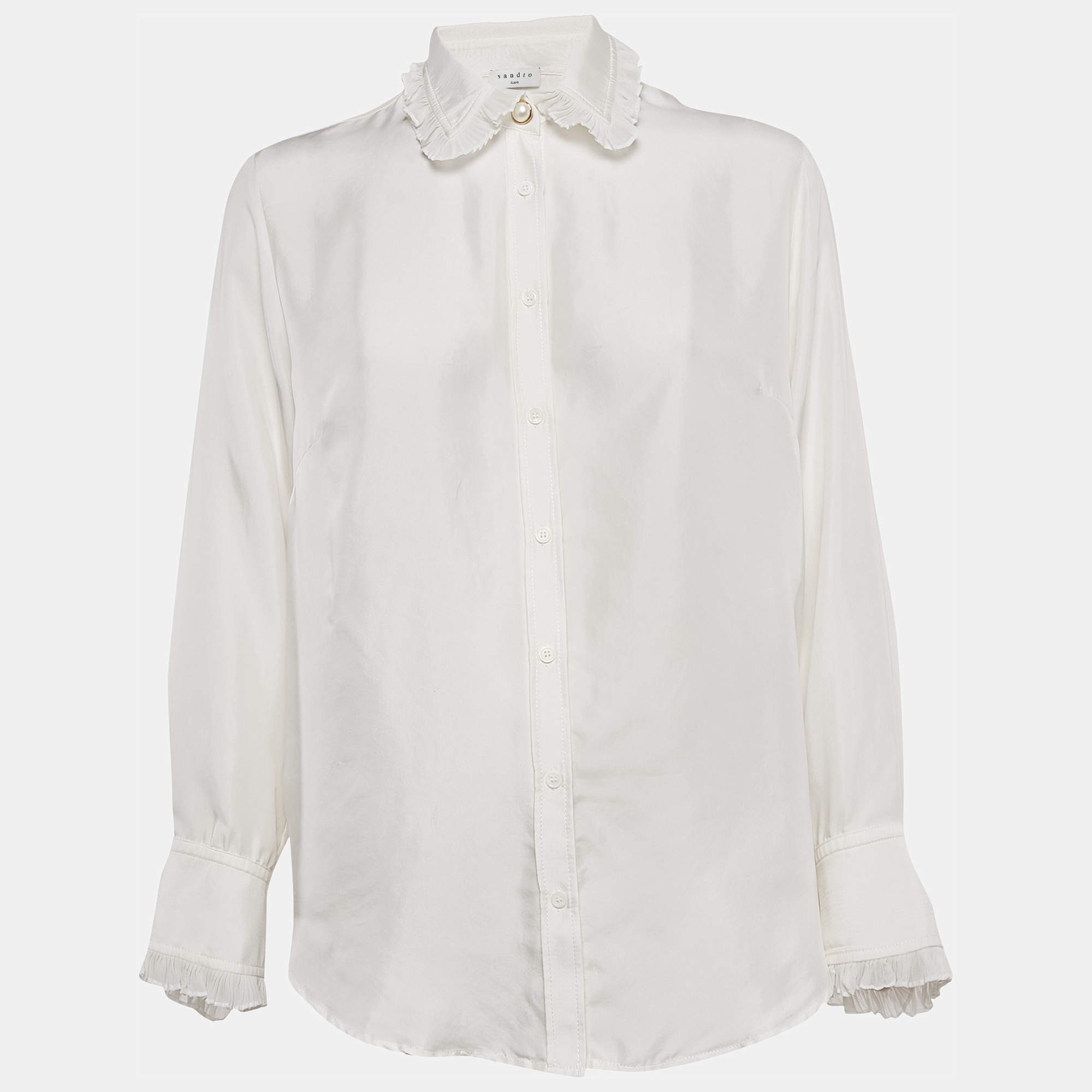 Sandro White Silk Ruffled Button Front Blouse S