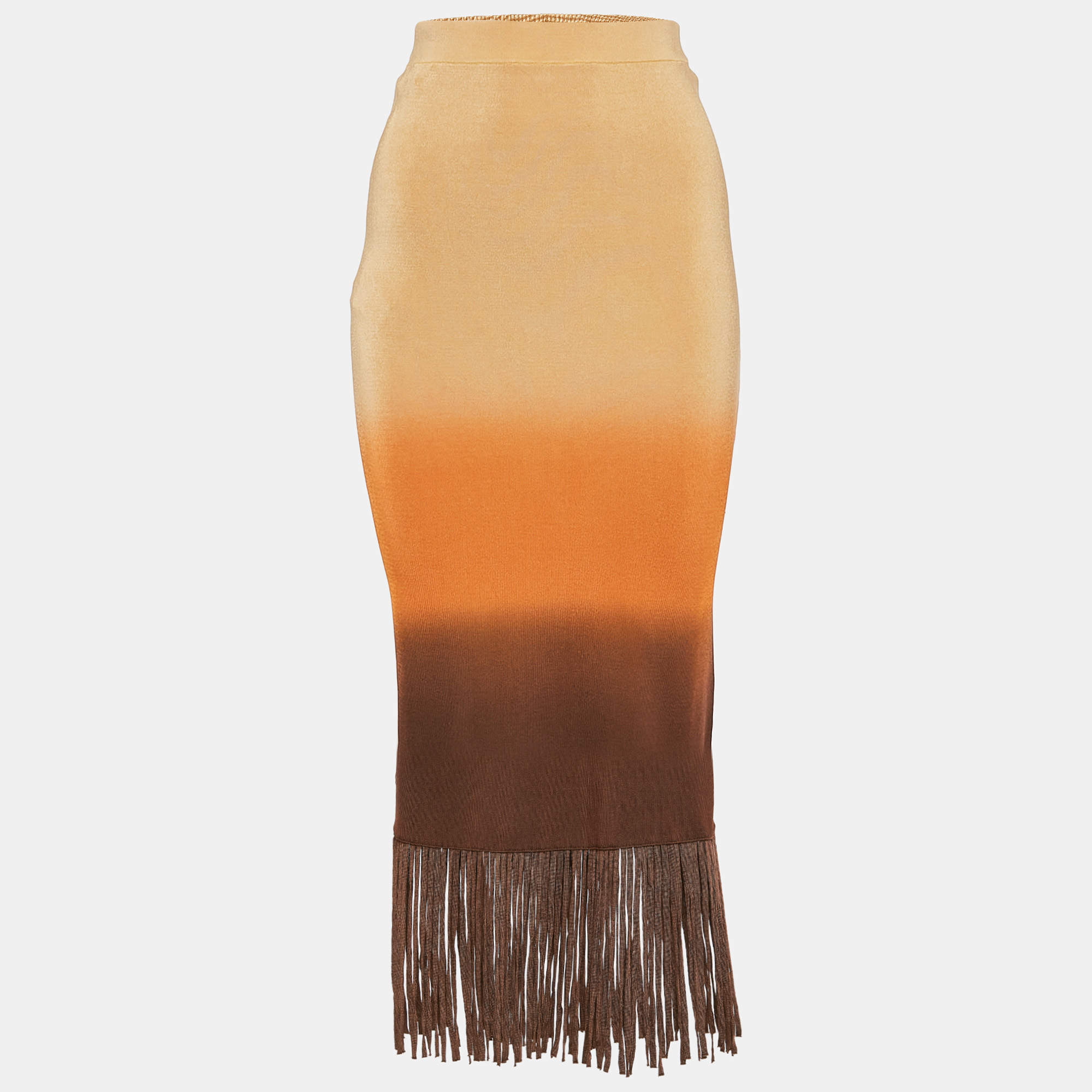Sandro Beige/Orange Ombre Stretch Knit Fringed Midi Skirt S