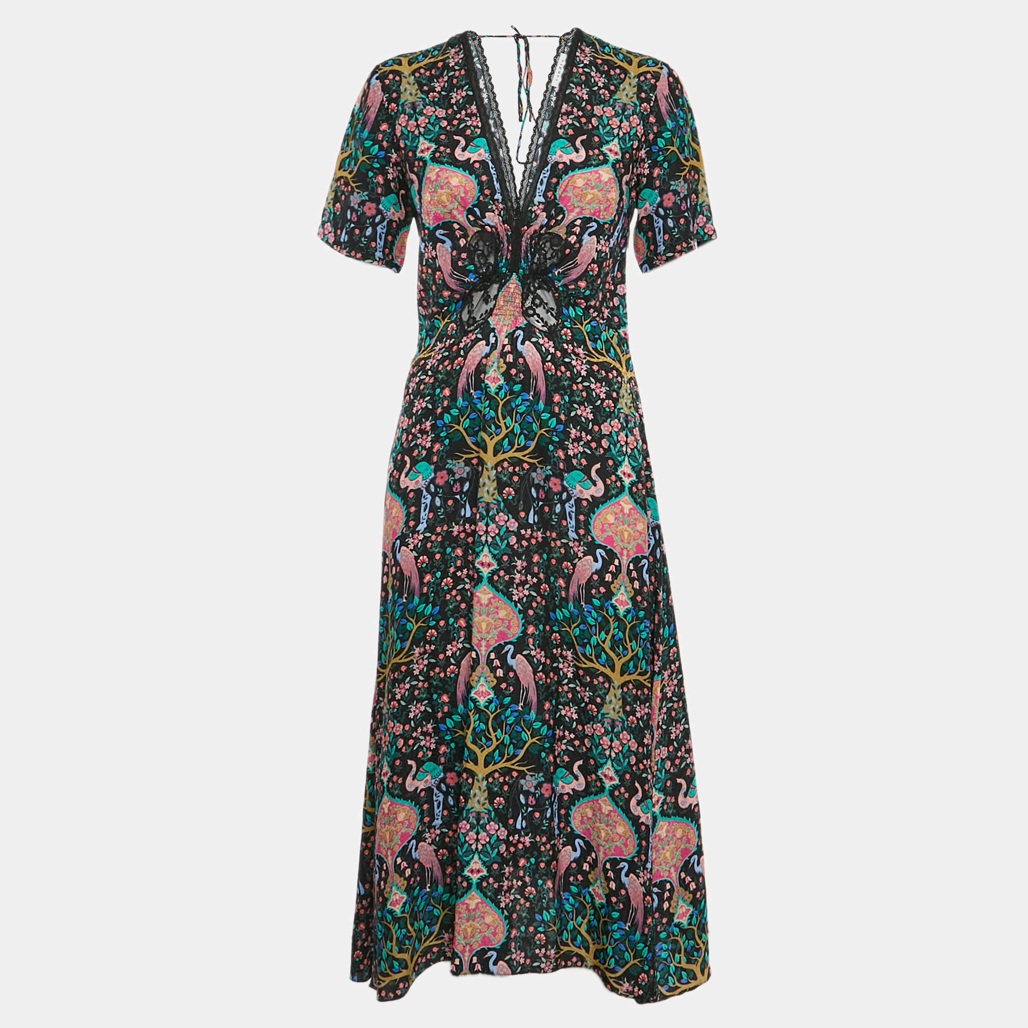 Pre Owned Sandro Multicolor Printed Crepe Jacquard Lace Trim Detail Midi Dress S