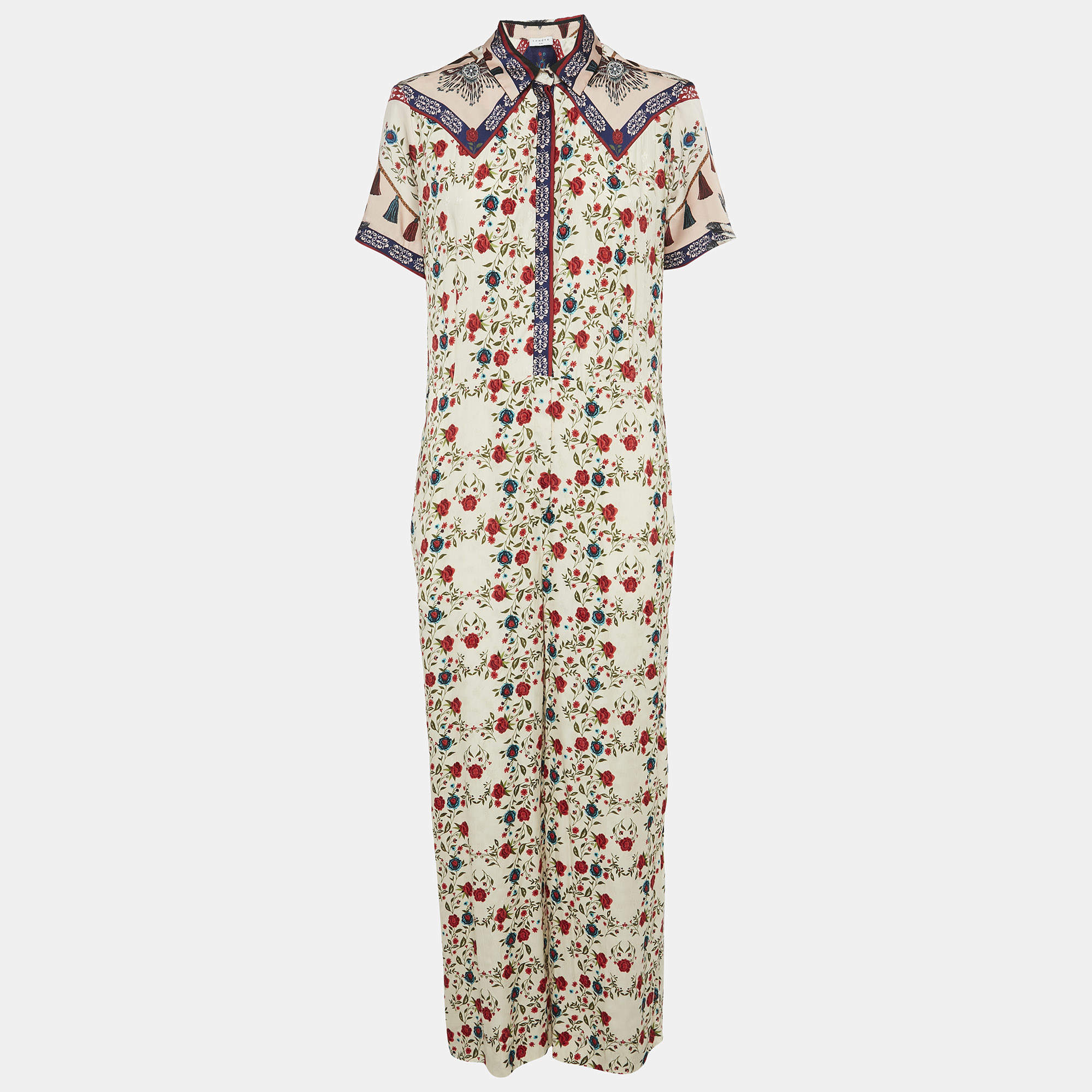 Sandro Cream Floral Print Crepe Button Front Jumpsuit L