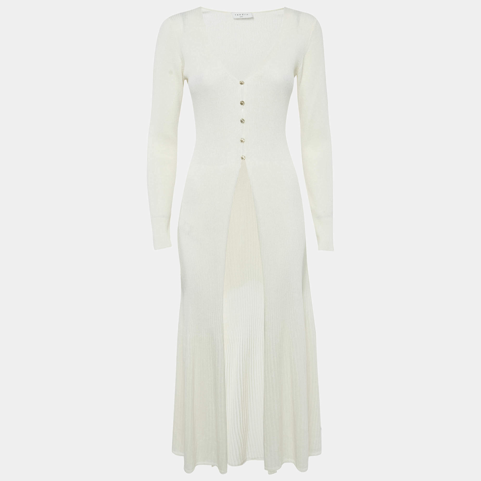 Sandro Off-White Rib Knit Cotton Blend Button Front Midi Dress M
