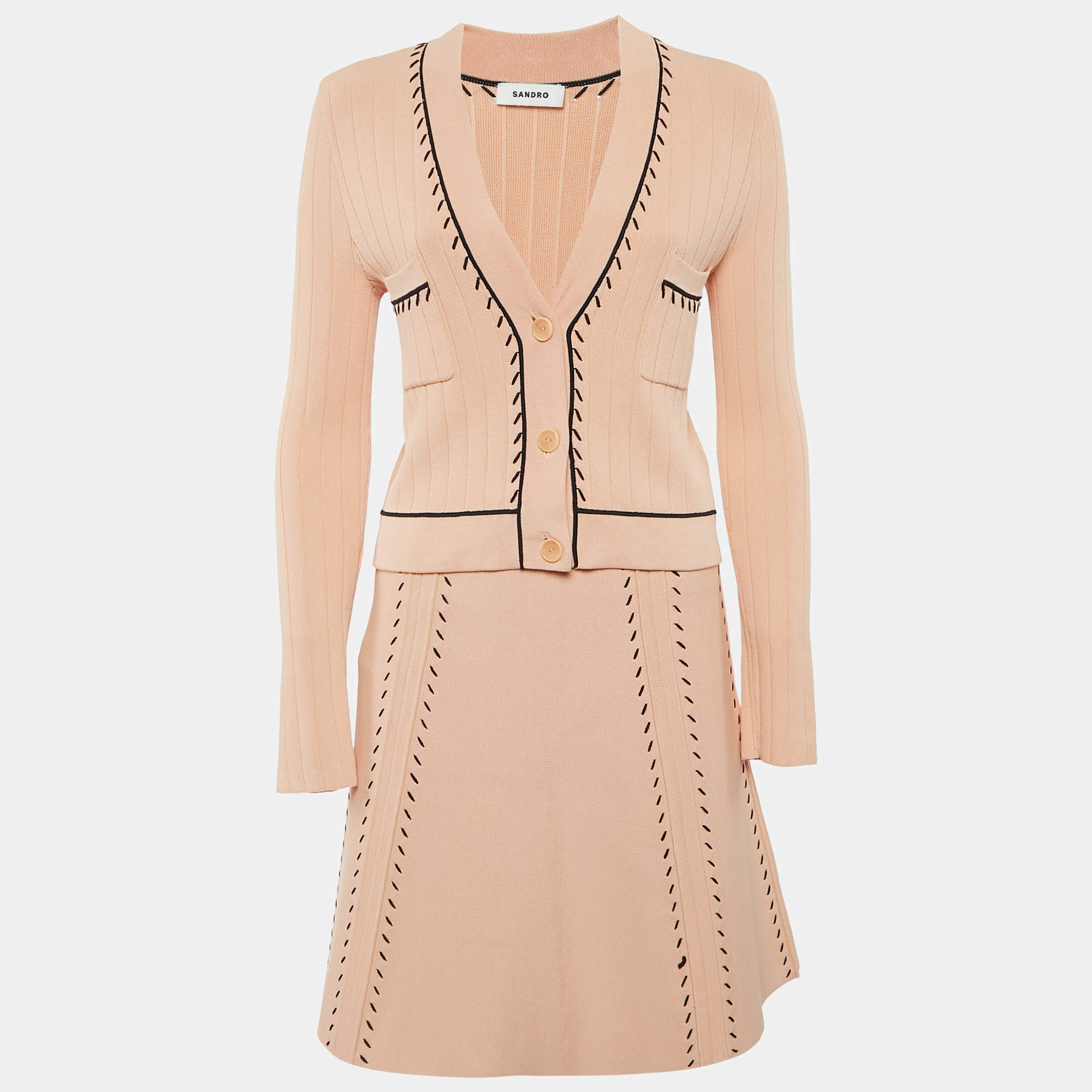 Pre Owned Sandro Peach Contrast Stitch Stretch Knit Eglantine Skirt and Cardigan Set S/M