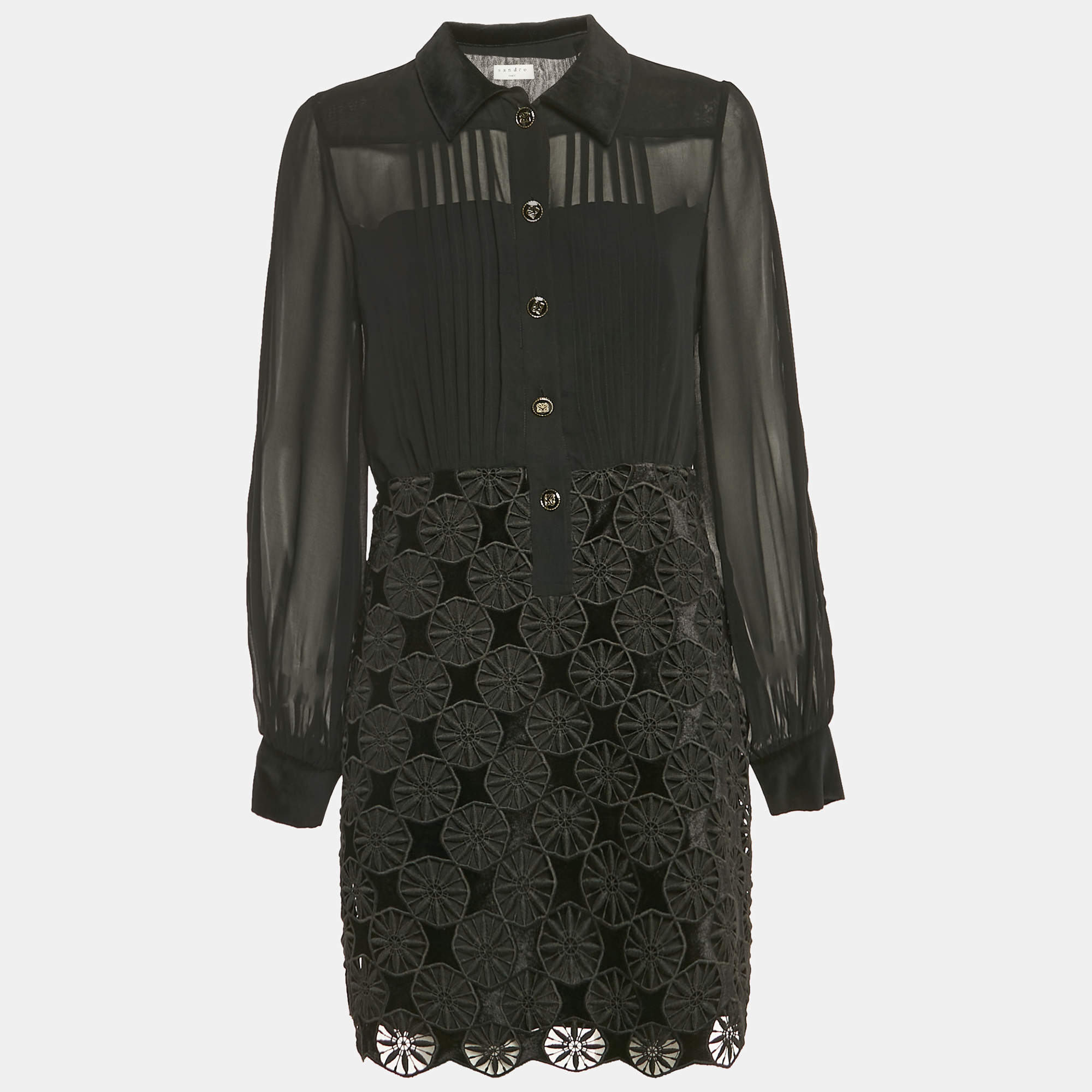 Sandro Black Lace and Crepe Short Dress L