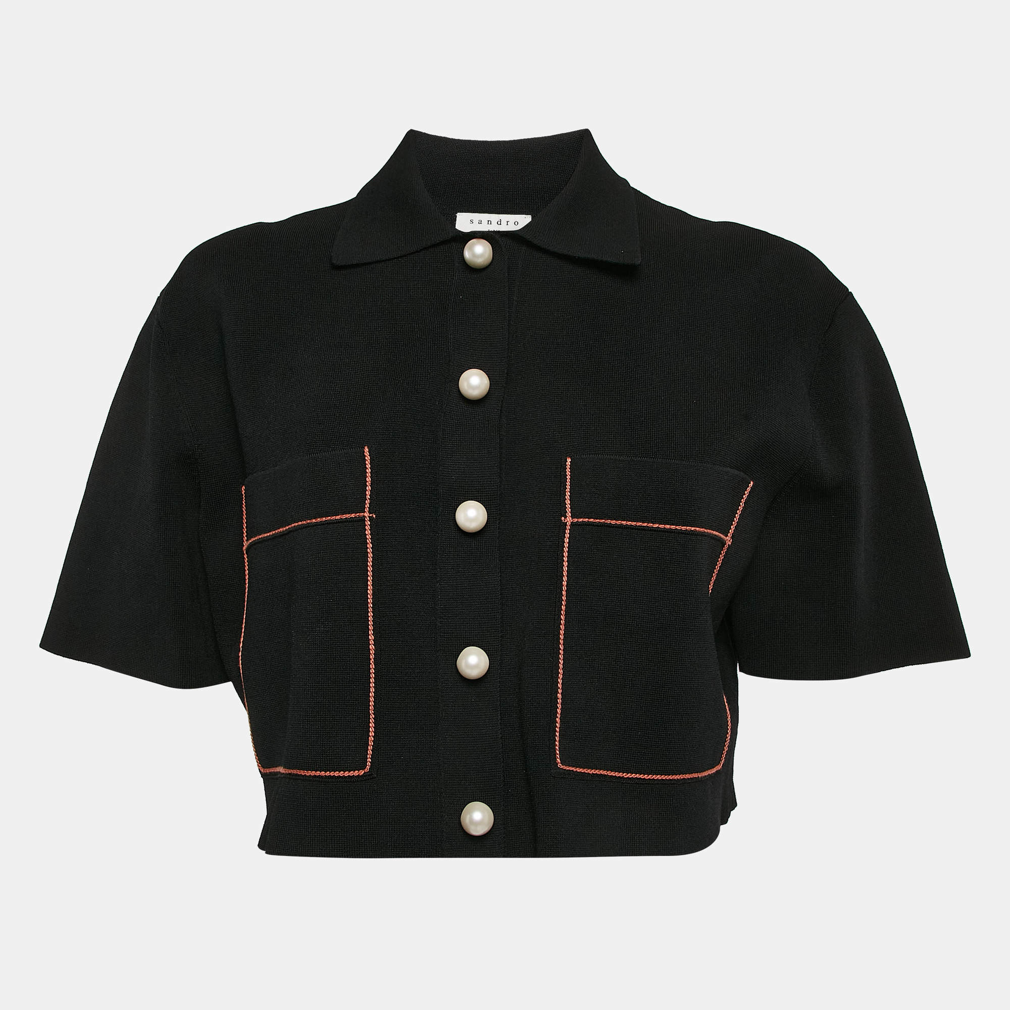 Sandro Black Pearl Button Detail Stretch Knit Crop Cardigan Top M