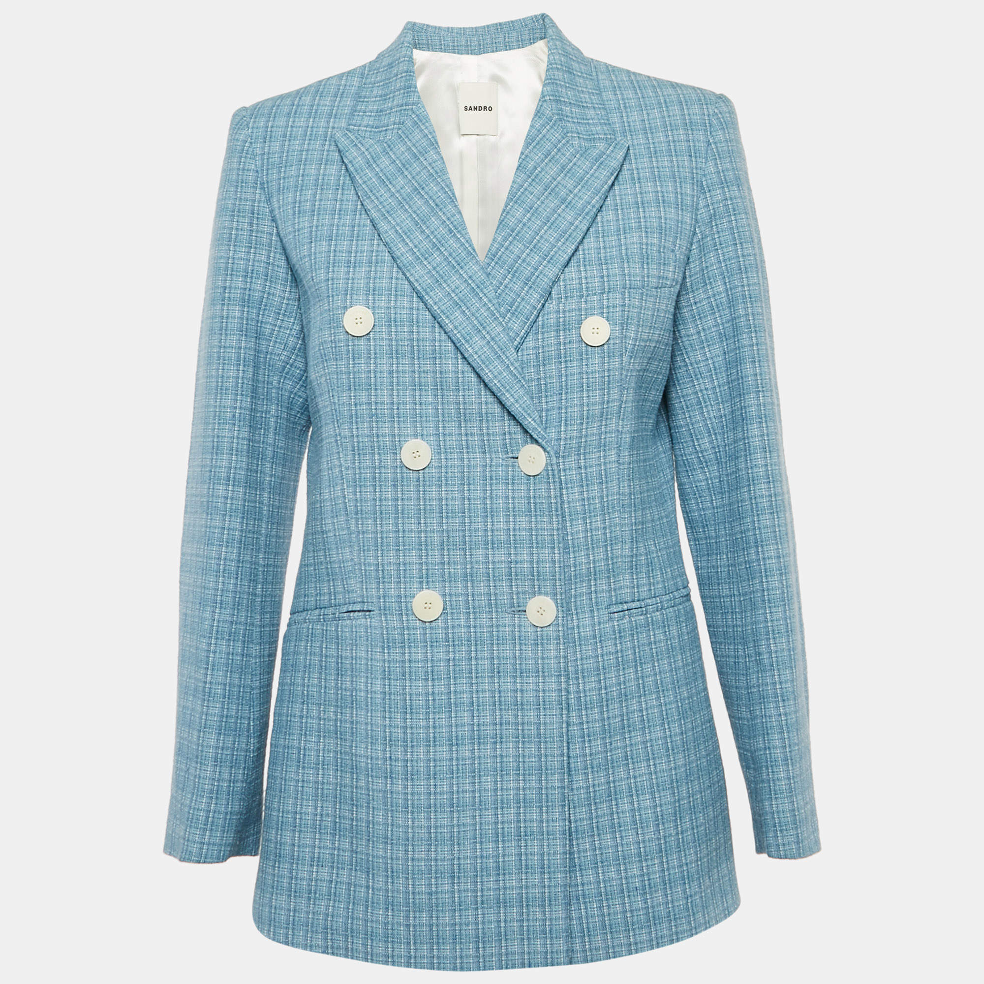 Sandro Blue Tweed Double Breasted Blazer M