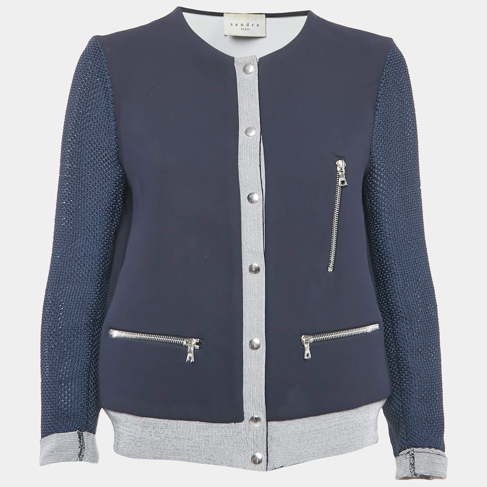 Sandro Navy Blue Crepe Zip-Up Contrast Trim Jacket L