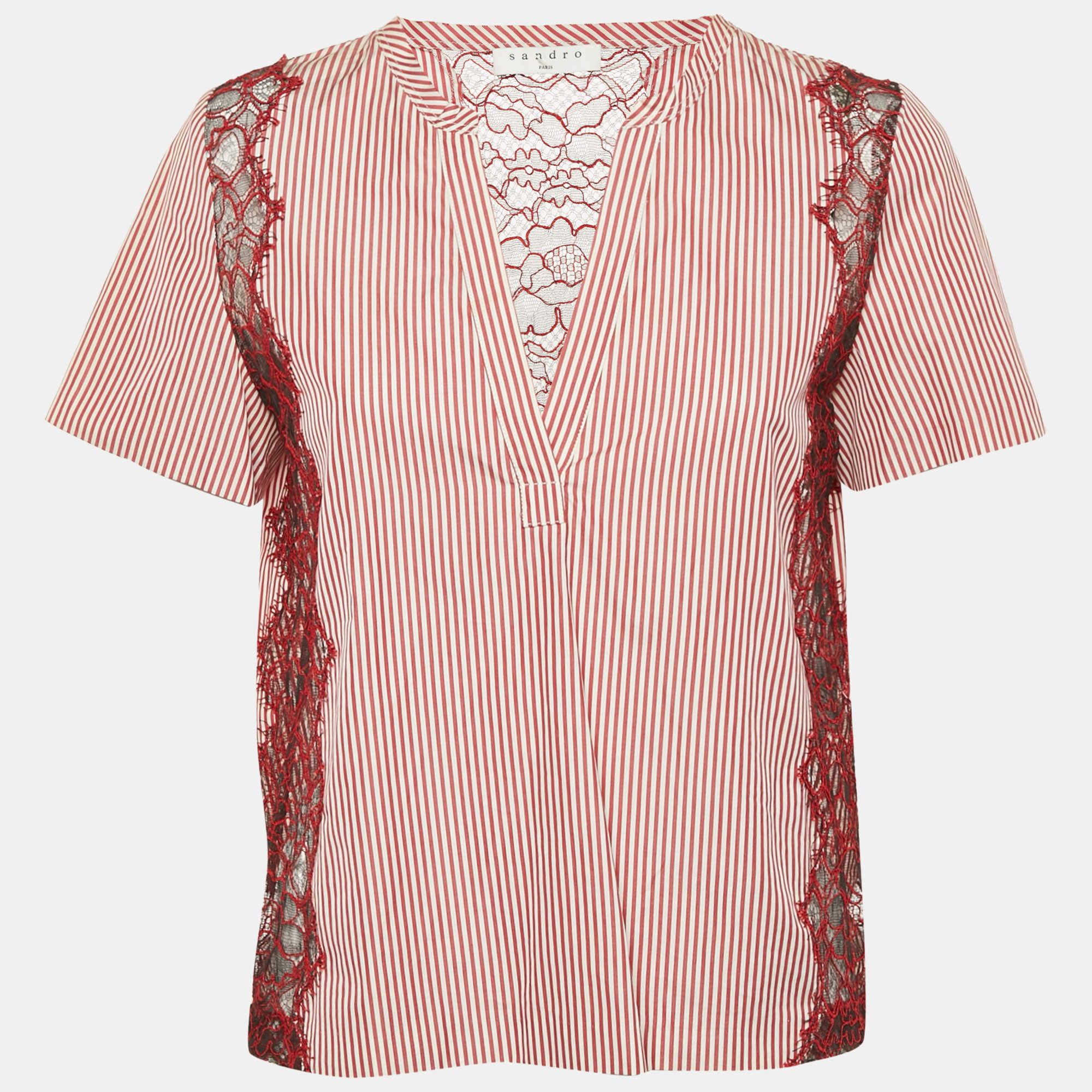 Sandro Red Stripe Cotton Lace Trimmed Top S