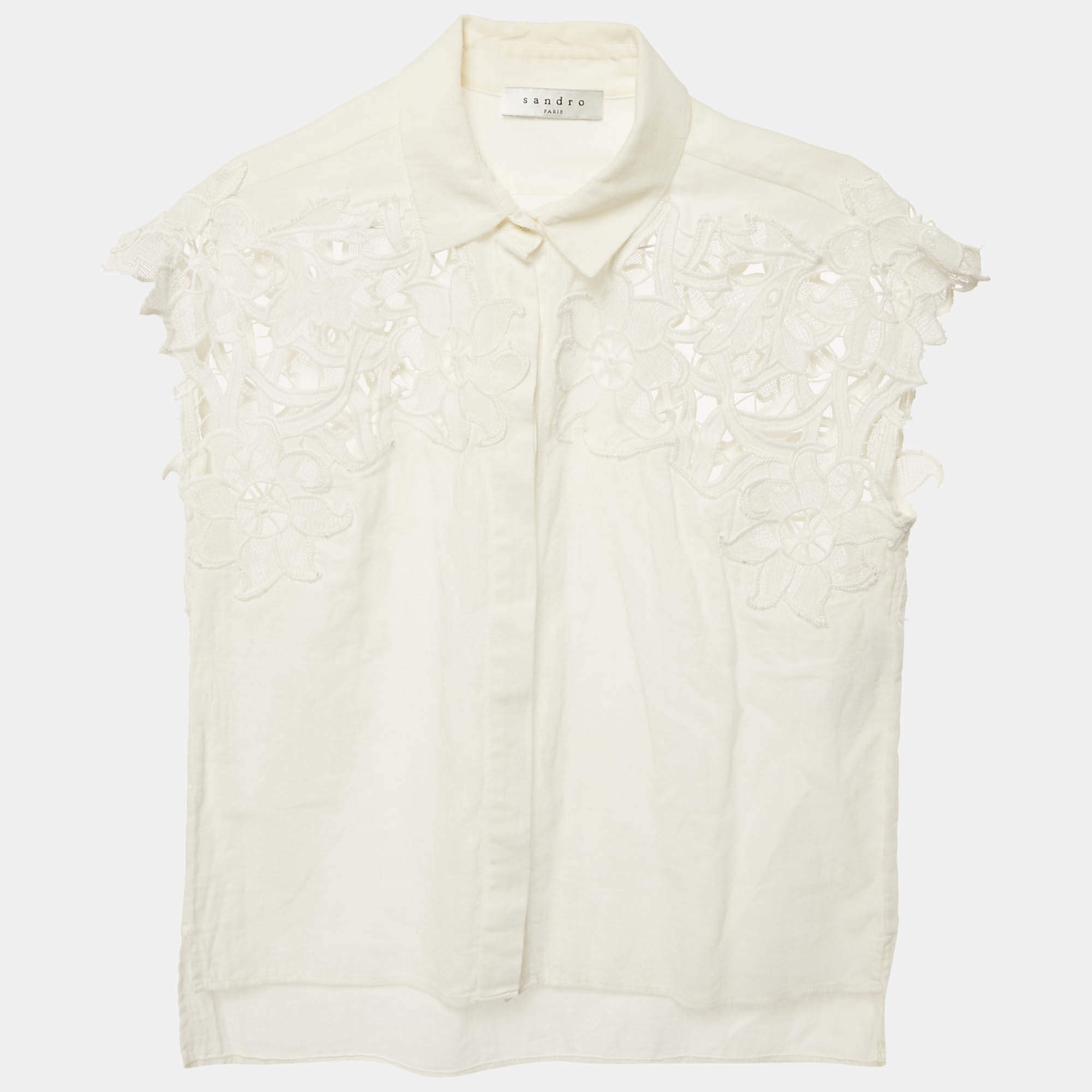 Sandro White Cotton Floral Lace Trimmed Button Front Blouse S