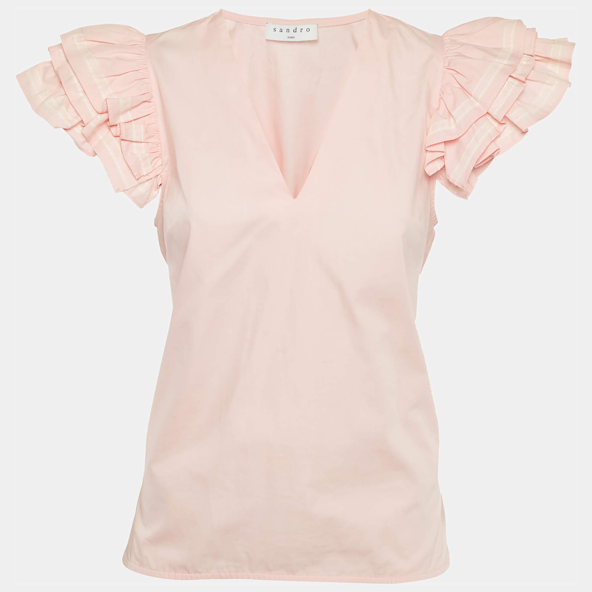 Pre Owned Sandro Pink Cotton Ruffled V-Neck Top S