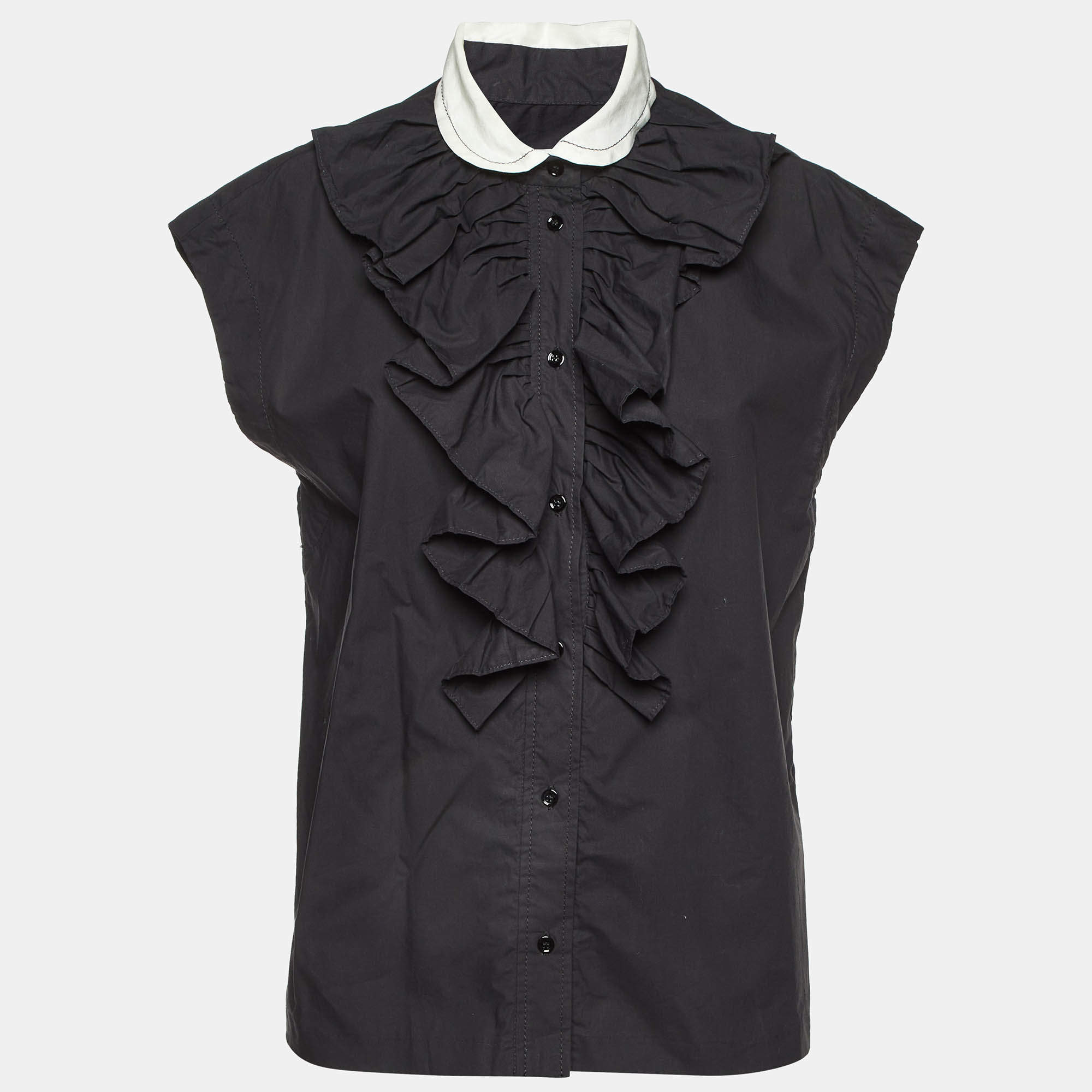 Pre Owned Sandro Black Cotton Ruffled Sleeveless Shirt L