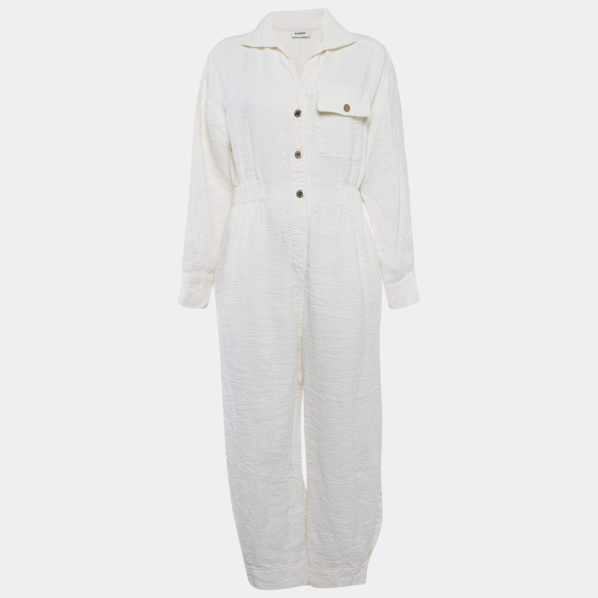 Pre Owned Sandro White Seersucker Long Sleeve Jumpsuit M