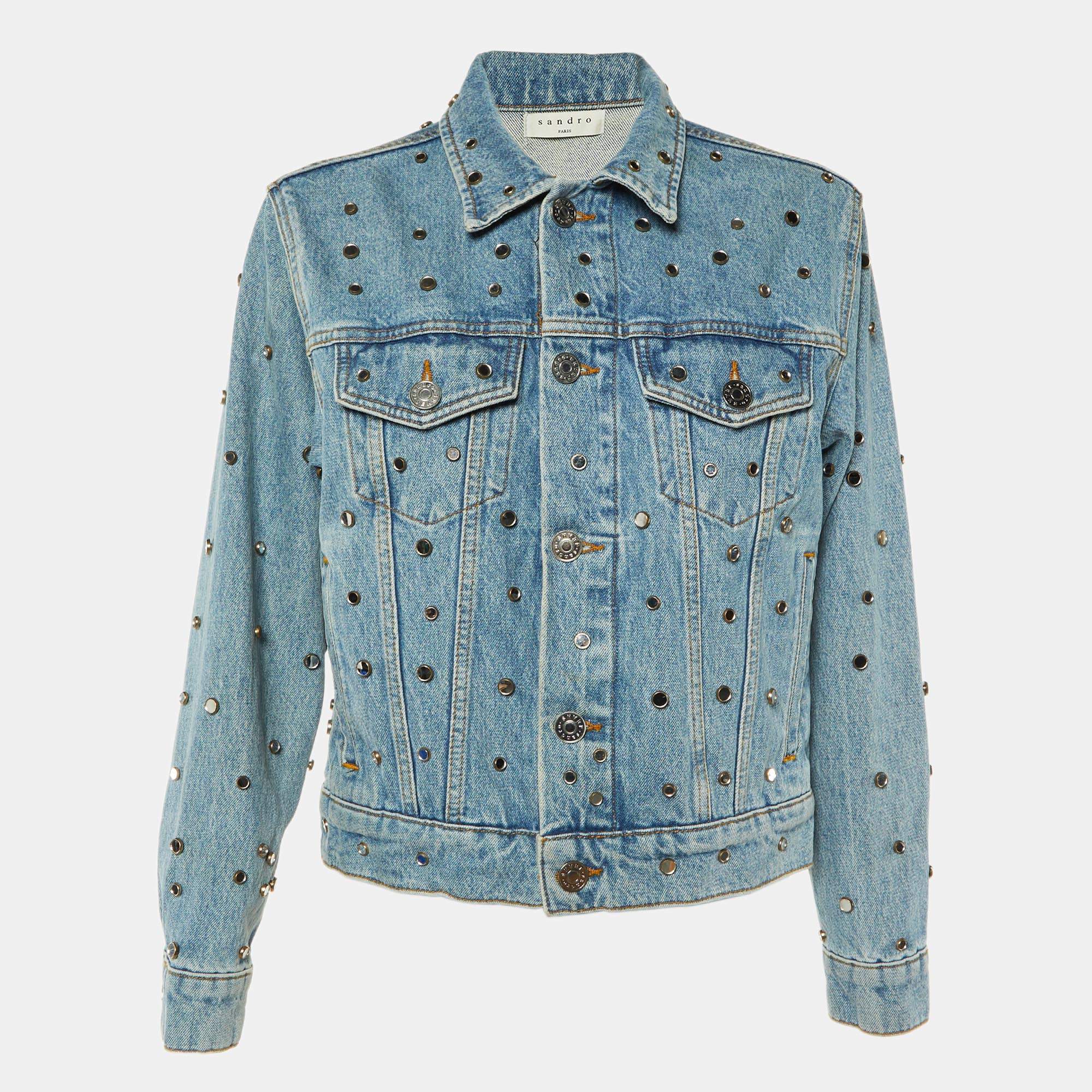 Sandro Blue Denim Mirror Studded Button Front Jacket S