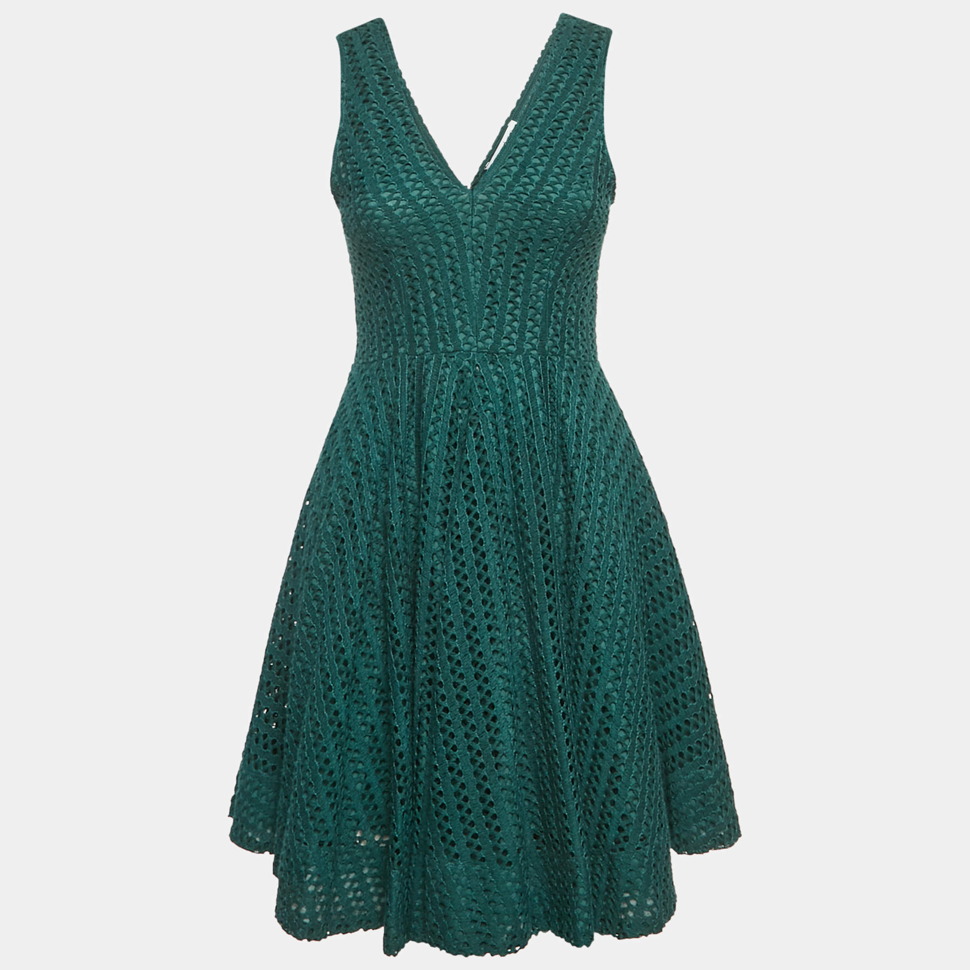 Pre Owned Sandro Green Crochet V-Neck Fit and Flare Mini Dress L