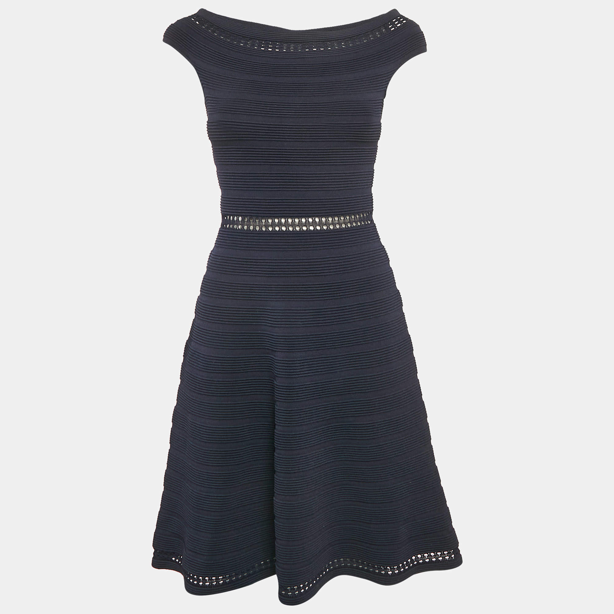 Pre Owned Sandro Navy Blue Patterned Knit Sleeveless Mini Dress L