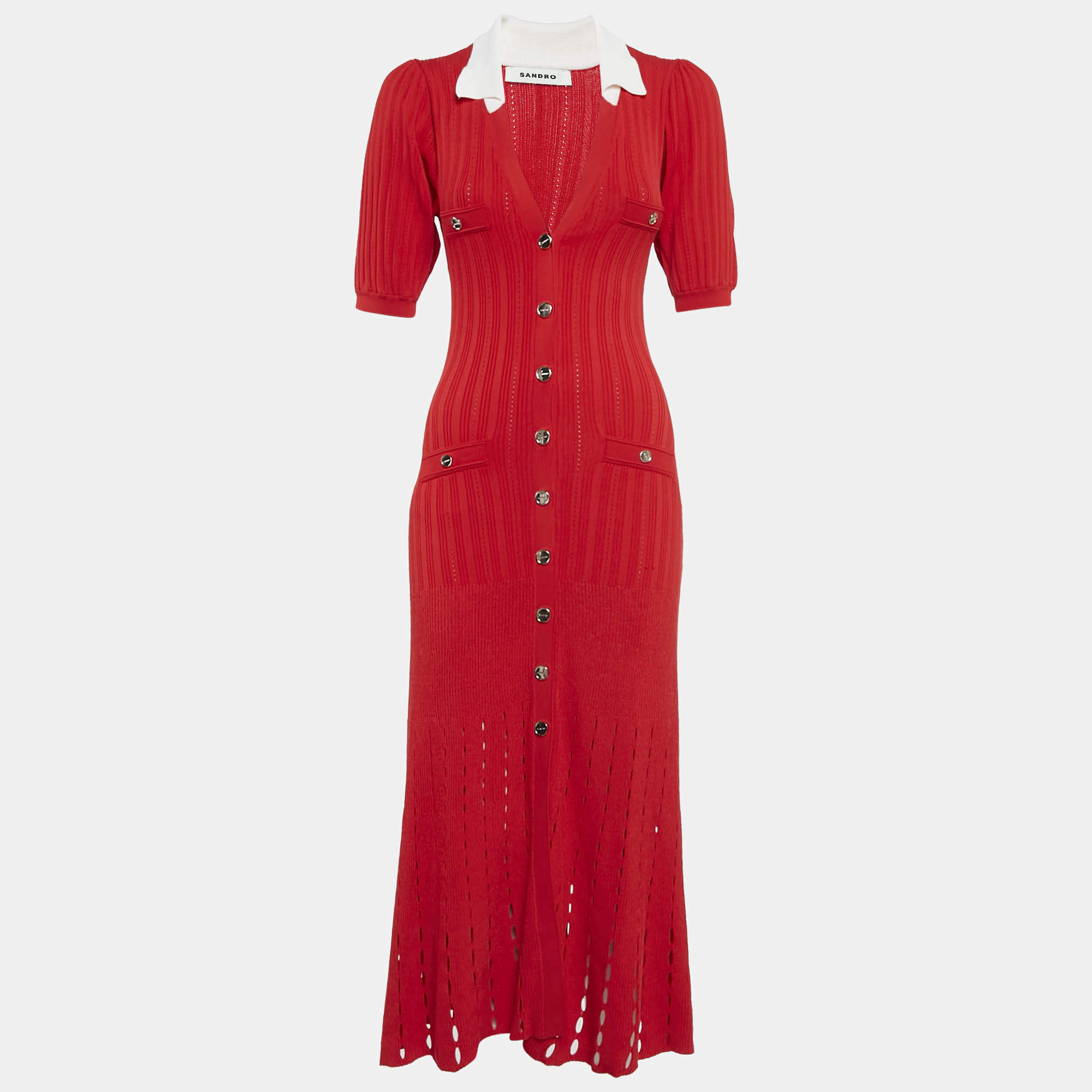 Pre Owned Sandro Red Stretch Knit Cut-Out Midi Dress S