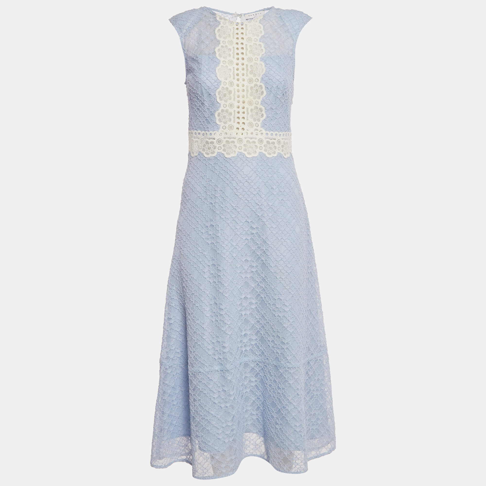 Pre Owned Sandro Blue Corded Lace Semi Sheer Midi Dress M
