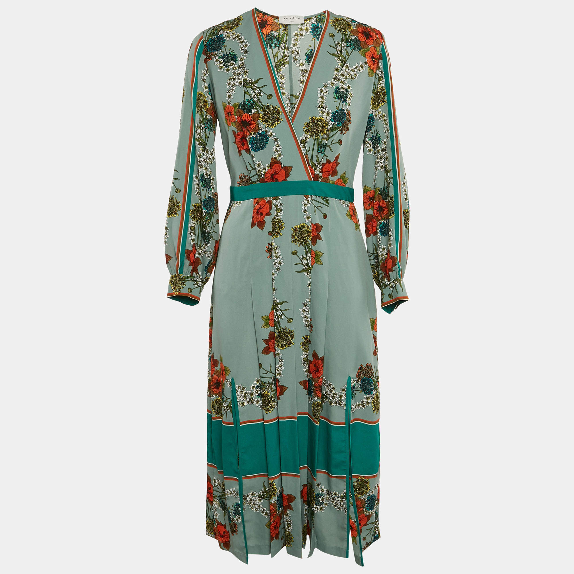 Pre Owned Sandro Green Floral Print Crepe Pleat Detail V-Neck Midi Dress M