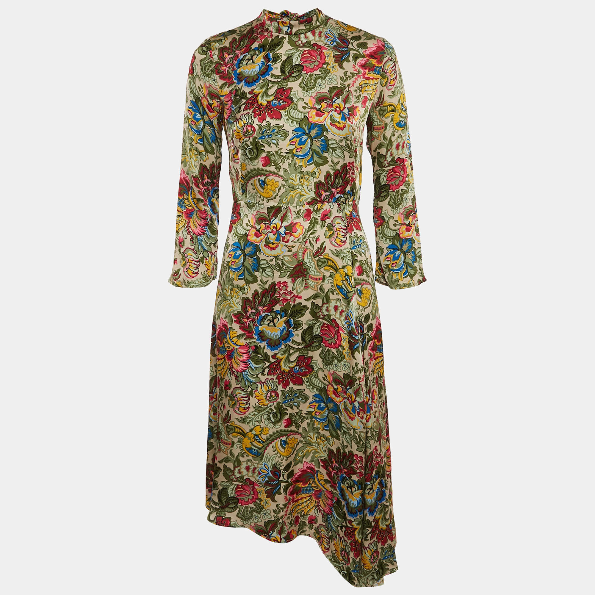 Sandro Multicolor Floral Print Sateen Tie-Up Neck Detail Midi Dress S