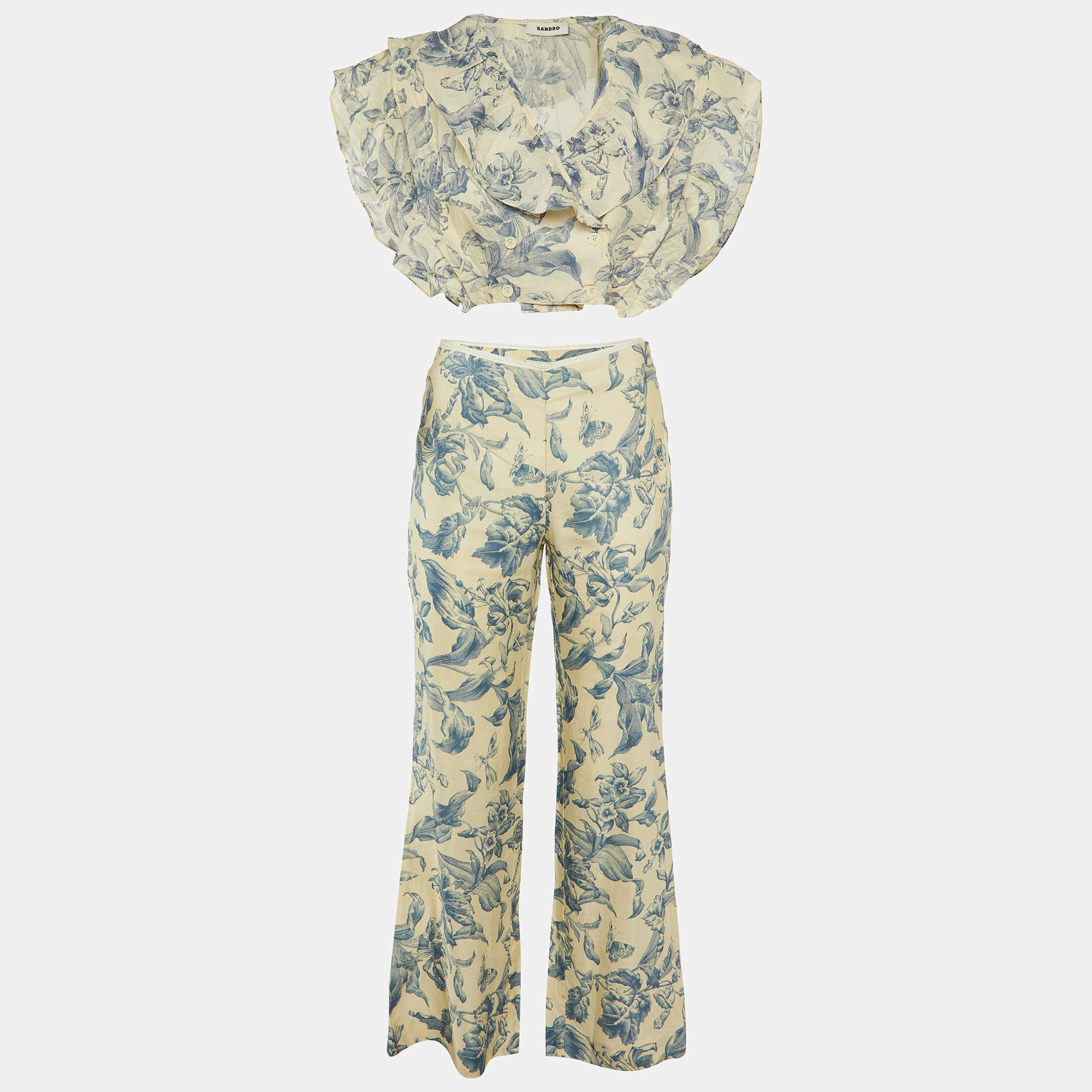Sandro Cream Floral Print Linen Blend Cropped Top & Pants Set M
