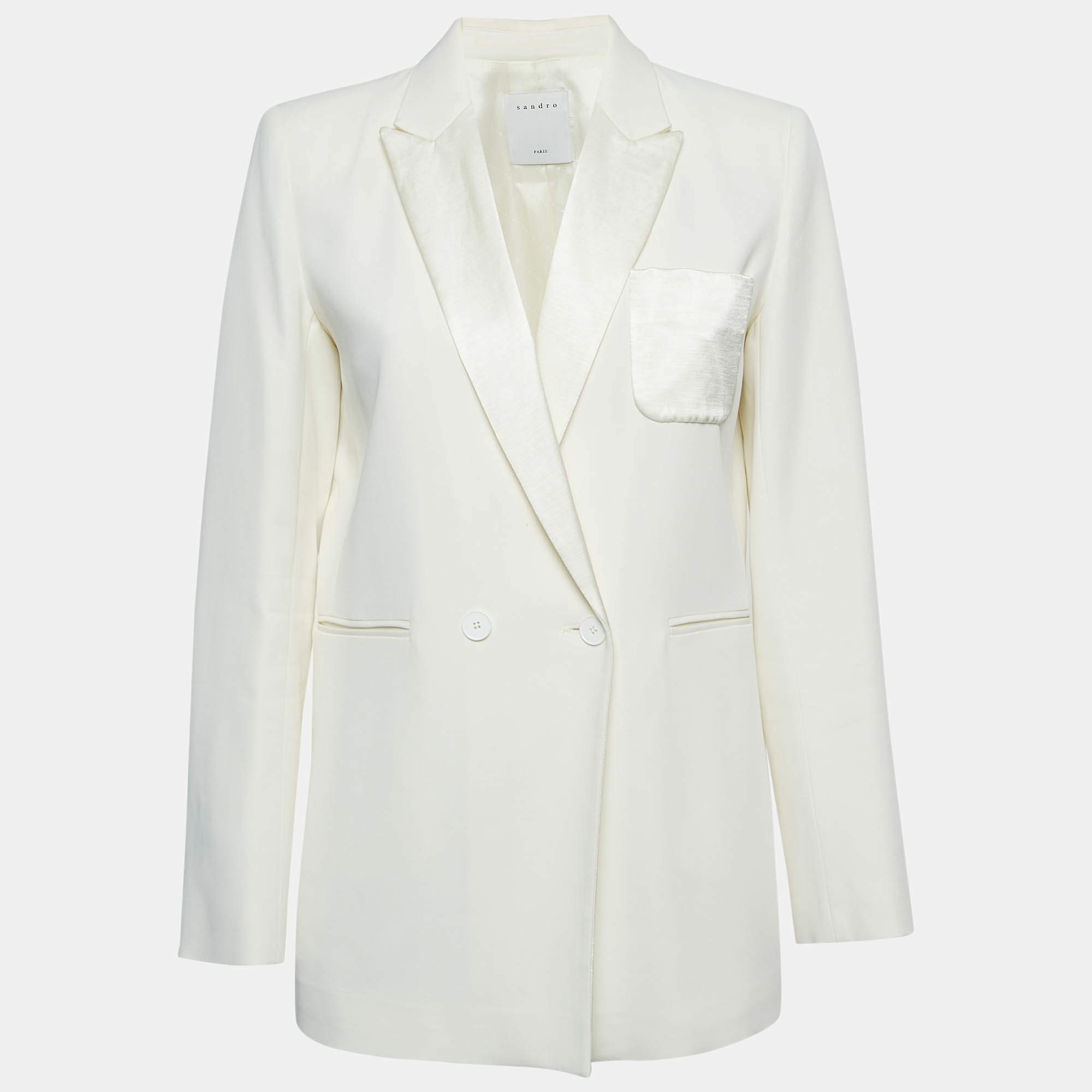 Sandro Off-White Wool Blend Double Breasted Tuxedo Blazer M