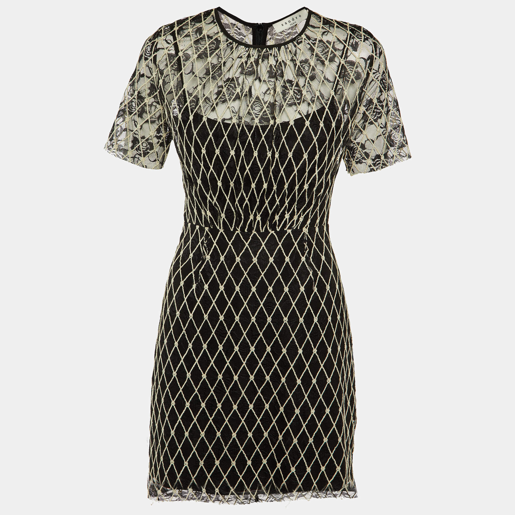 Pre Owned Sandro Black Embroidered Lace Knee Length Dress M