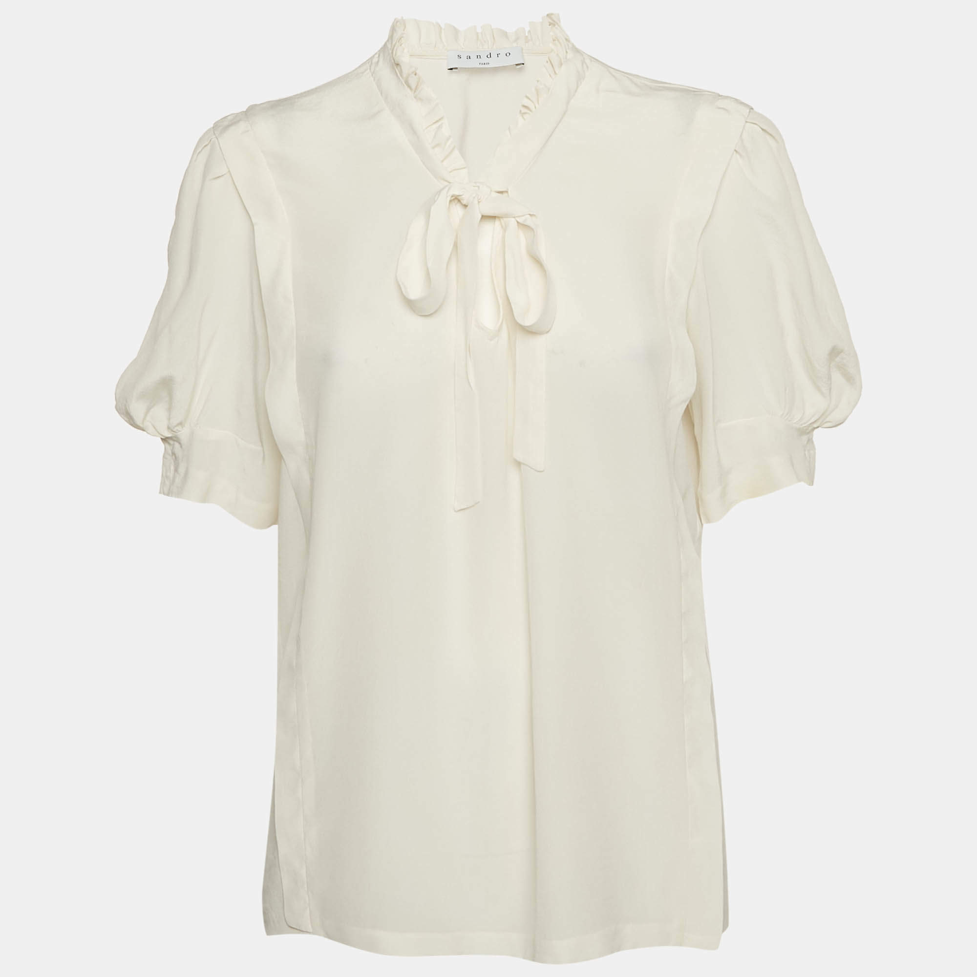 Sandro Off-White Silk Ruffled Tie-Up Neck Detail Blouse L