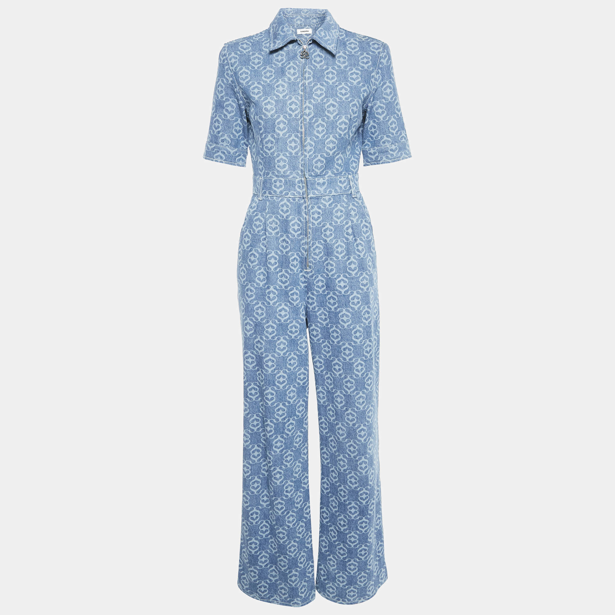 Sandro Blue Monogram Print Denim Jumpsuit S