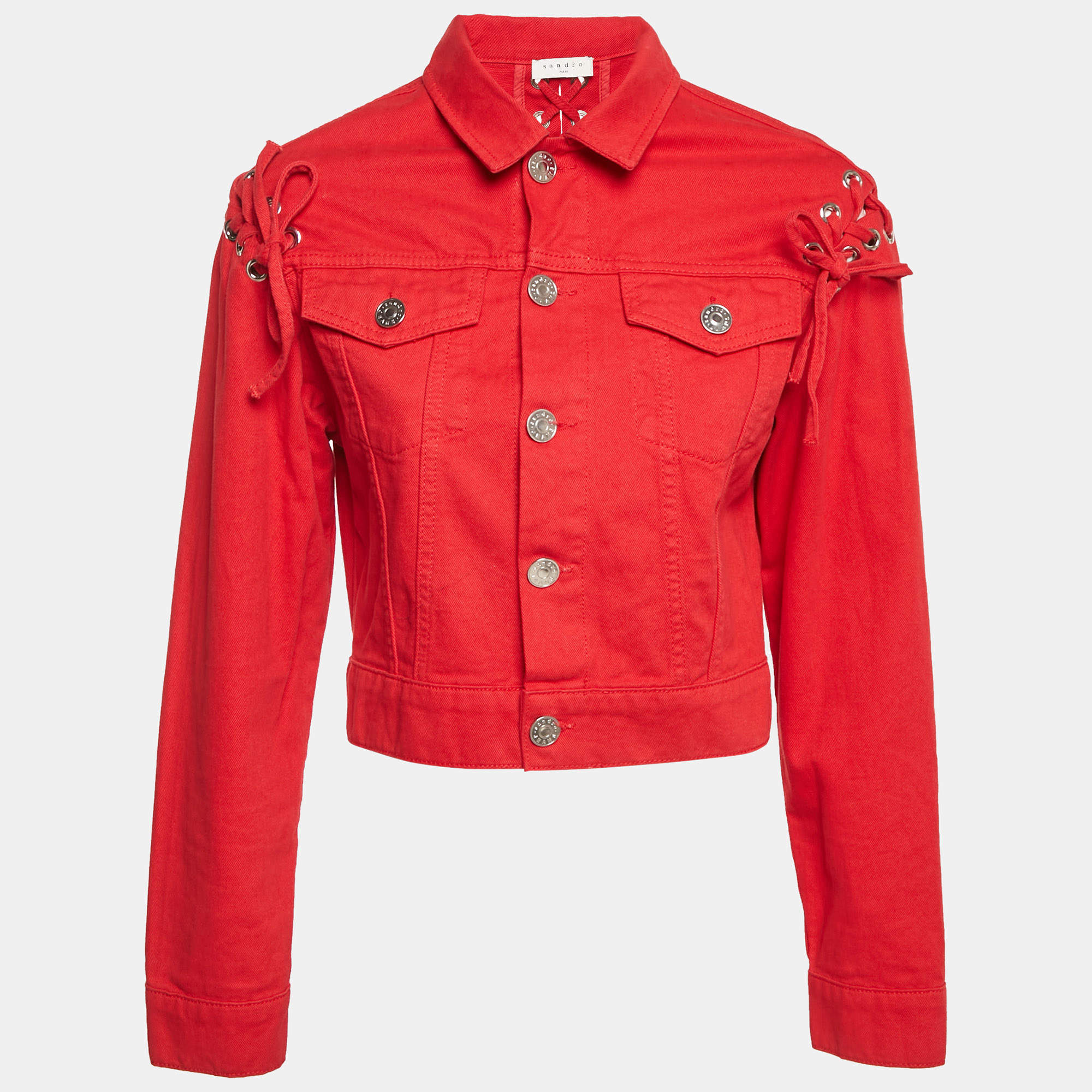 Sandro Red Denim Button Front Lace-Up Detail Jacket M