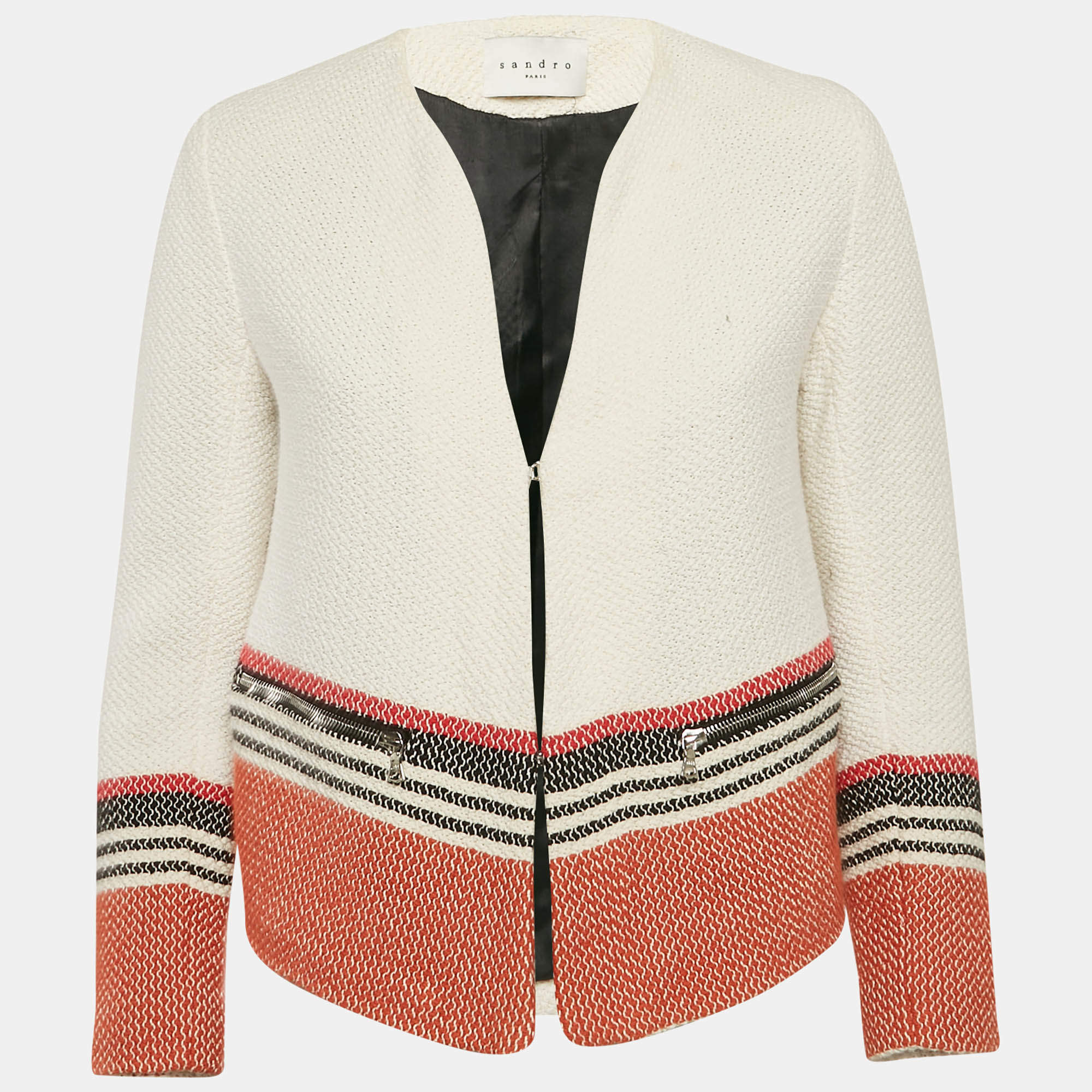 Sandro White Tweed Striped Hook Front Jacket M