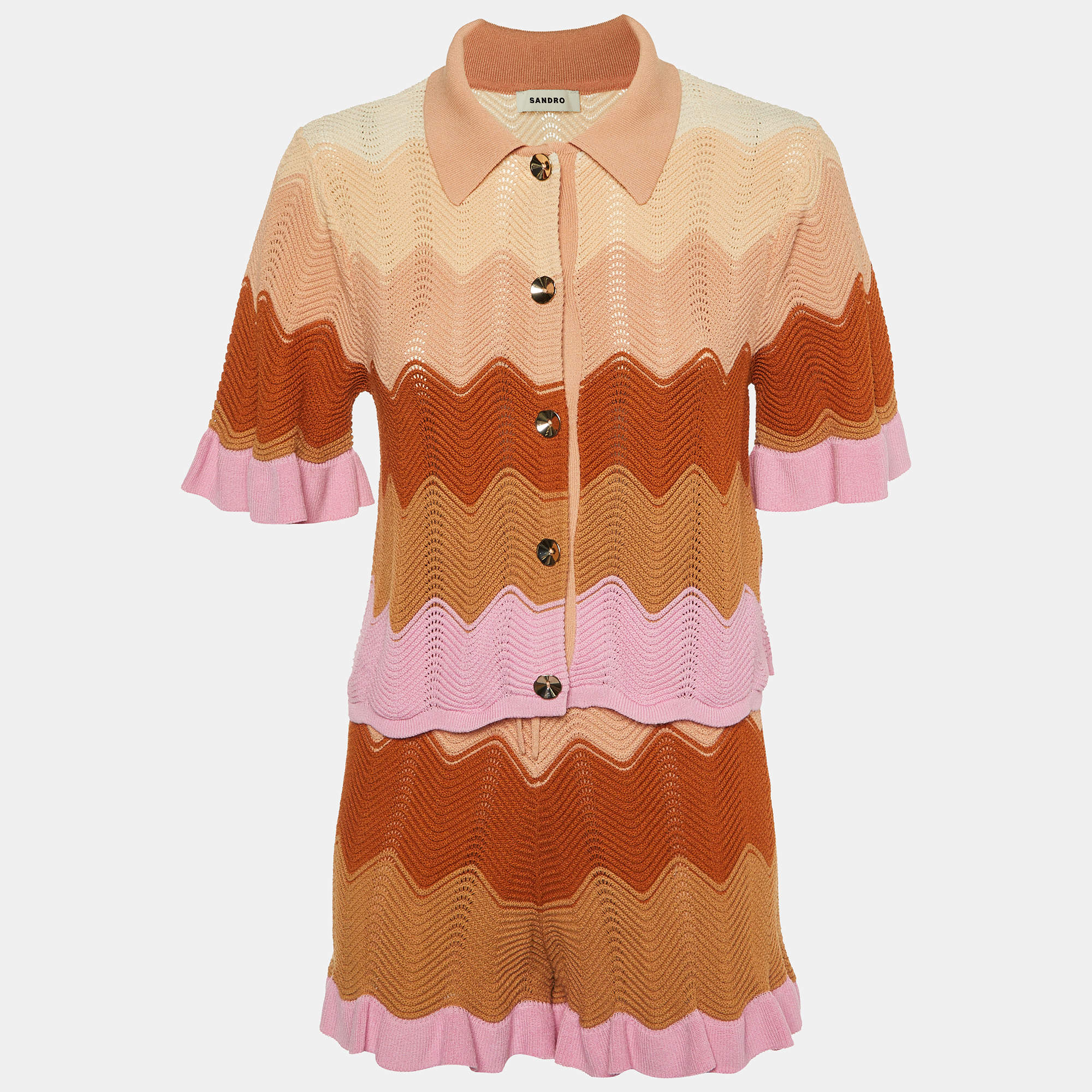 Pre Owned Sandro Multicolor Wavy Knit Shorts & Cardigan Set S 