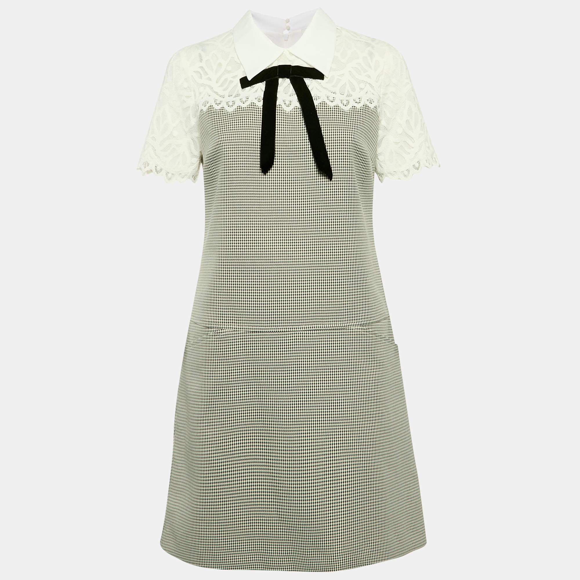 Pre Owned Sandro Black/White Houndstooth and Lace Emine Mini Dress M