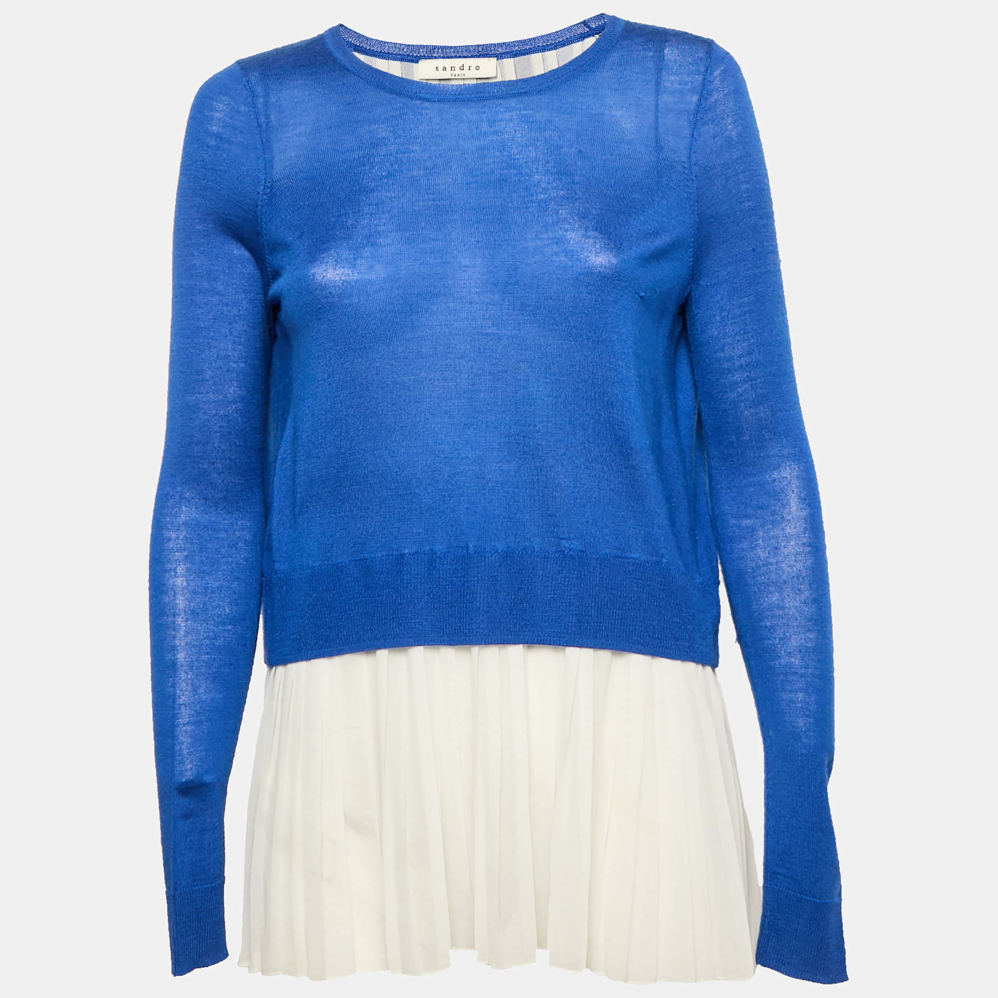 Sandro Blue/White Wool Knit and Chiffon Pleated Top S
