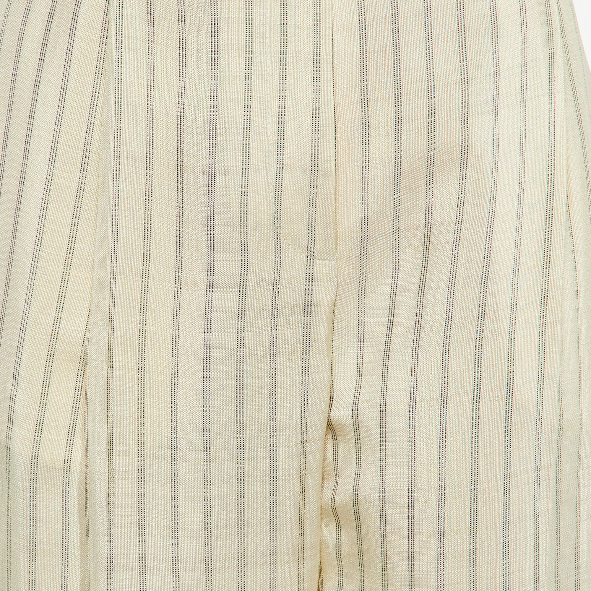 Pre Owned Sandro Ecru Striped Canvas Straight Leg Pants L