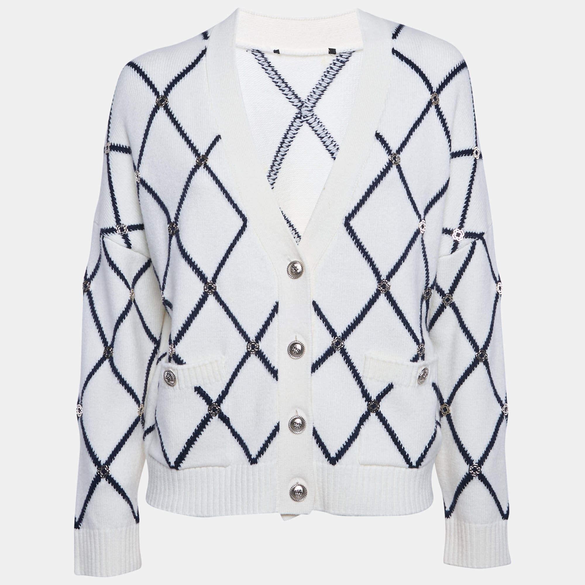 Pre Owned Sandro White Diamond Knit Metal Embellished Cardigan M 