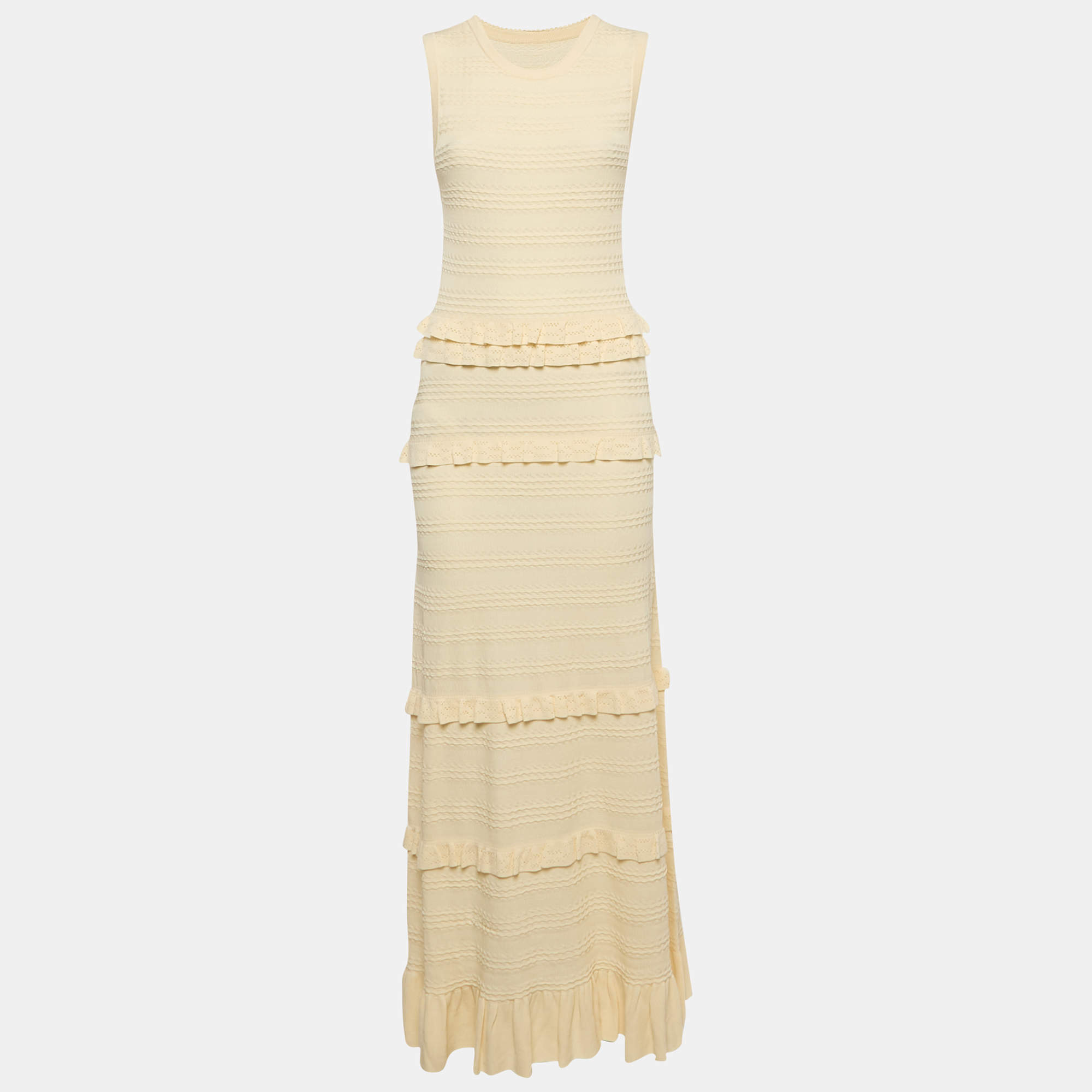 Pre Owned Sandro Cream Ruffled Knit Maxi Dress L