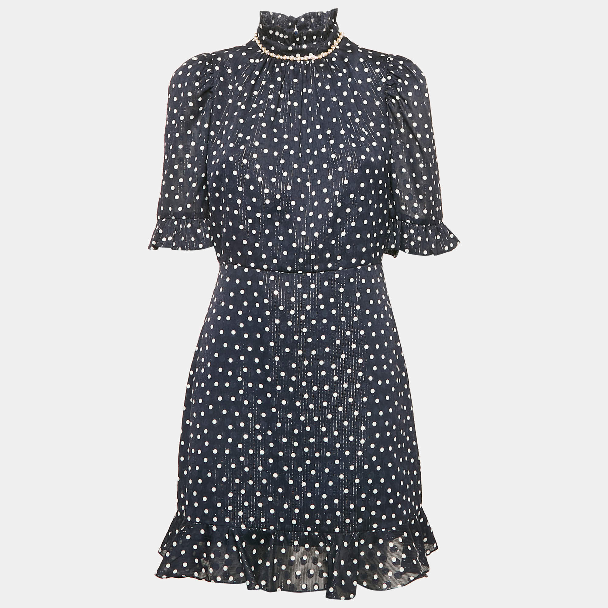 Pre Owned Sandro Navy Blue Polka Dot Print Lurex Crepe Neck Embellish Detail Mini Dress M