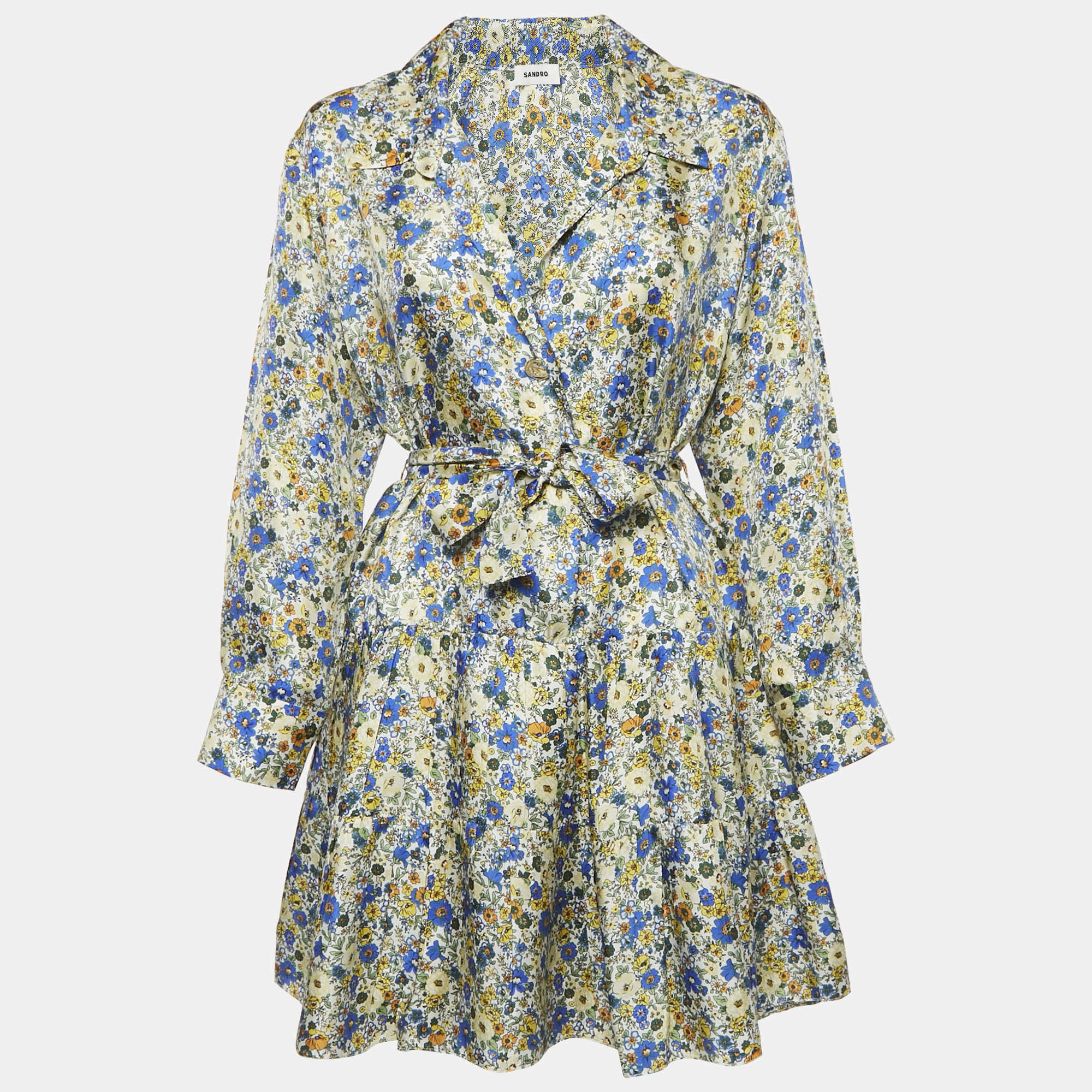 Pre Owned Sandro Multicolor printed Silk Belted Mini Dress M