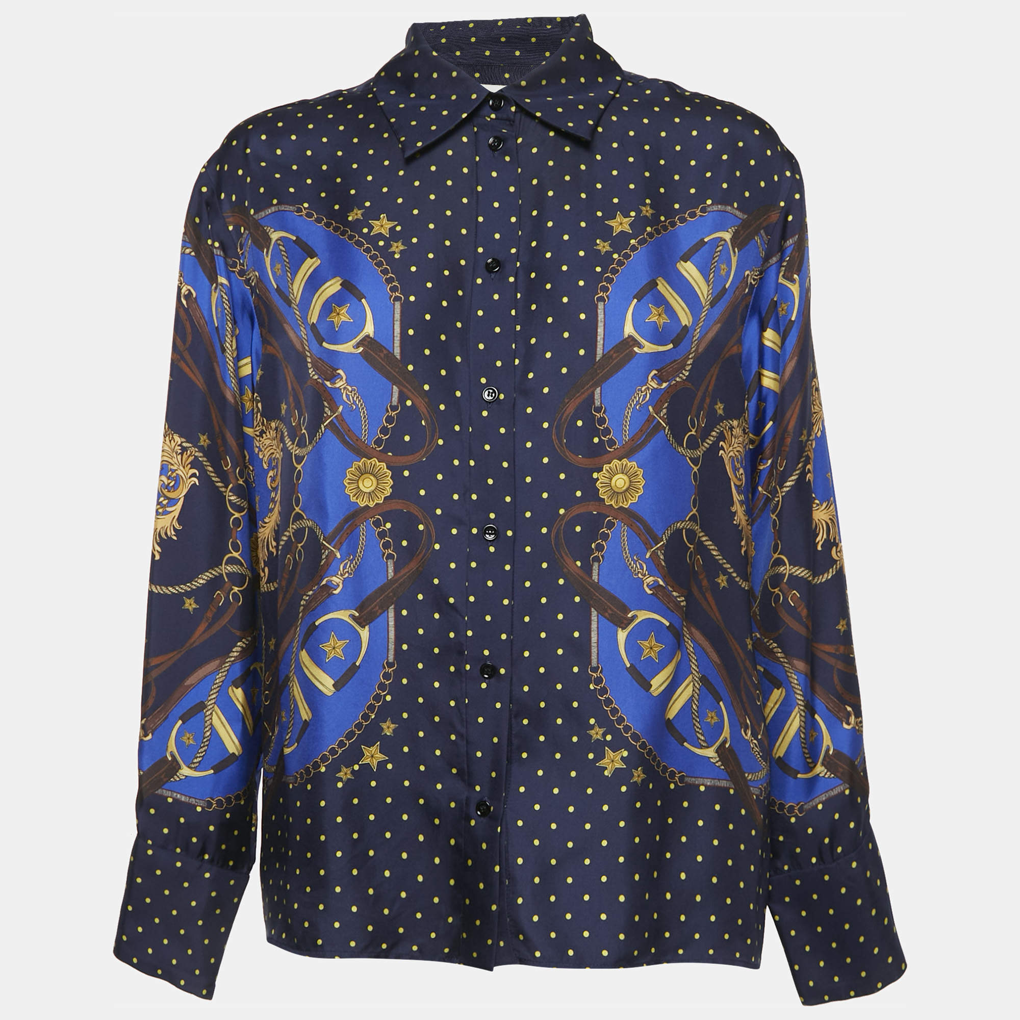 Sandro Navy Blue Printed Silk Long Sleeve Shirt M