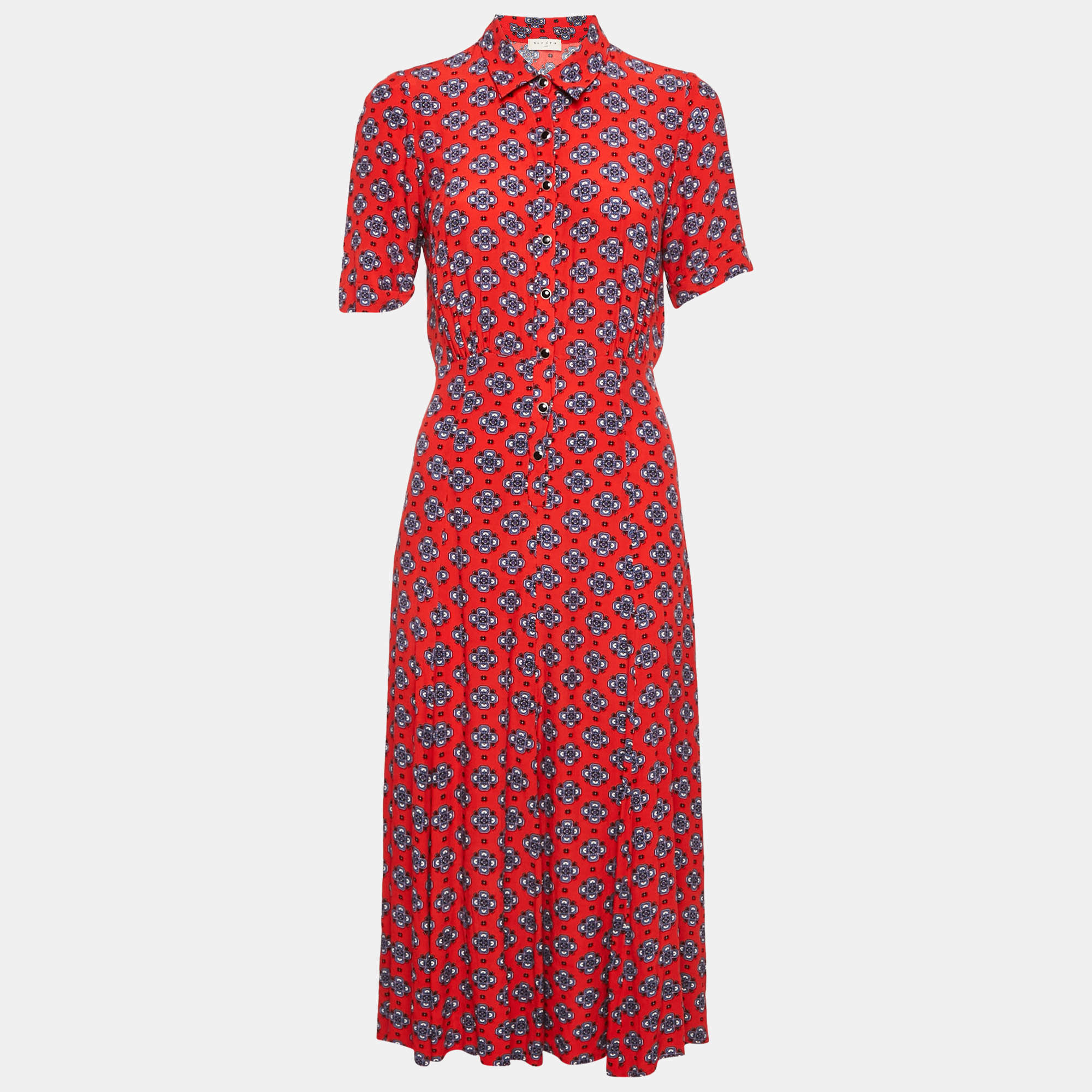 Sandro Red Printed Crepe Pleated Midi Dress S