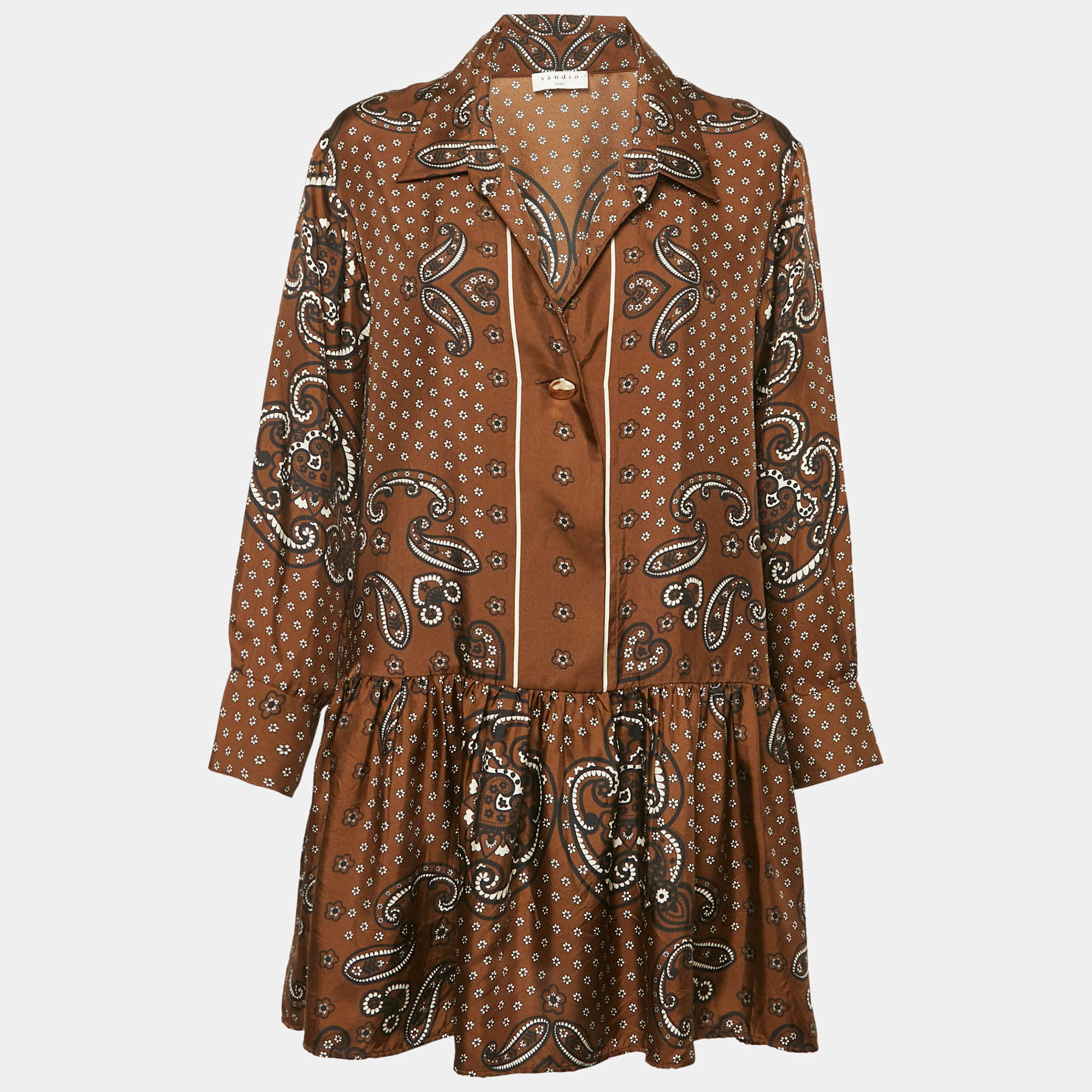 Sandro Brown Bandana Print Silk Gathered Mini Dress M
