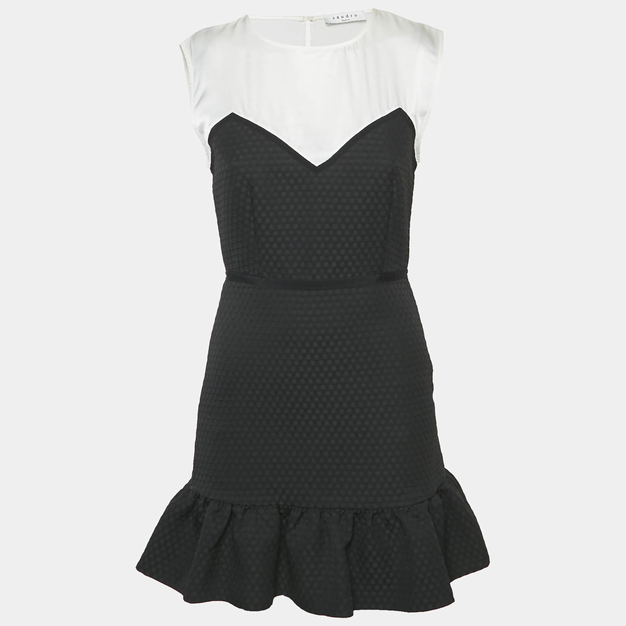 Pre Owned Sandro Black Satin/Jacquard Flounce Mini Dress S