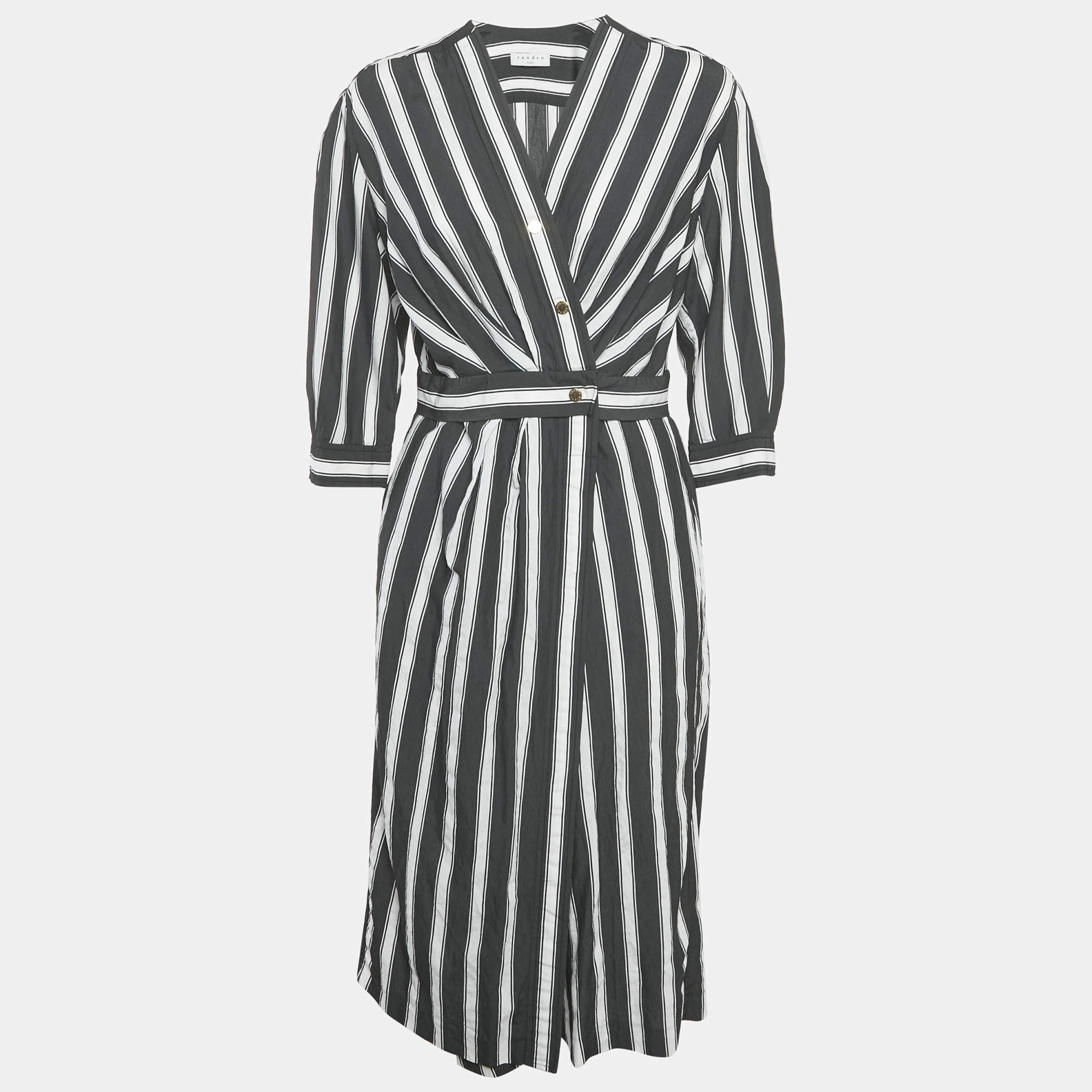 Pre Owned Sandro Black/White Stripe Viscose Wrap Midi Dress M