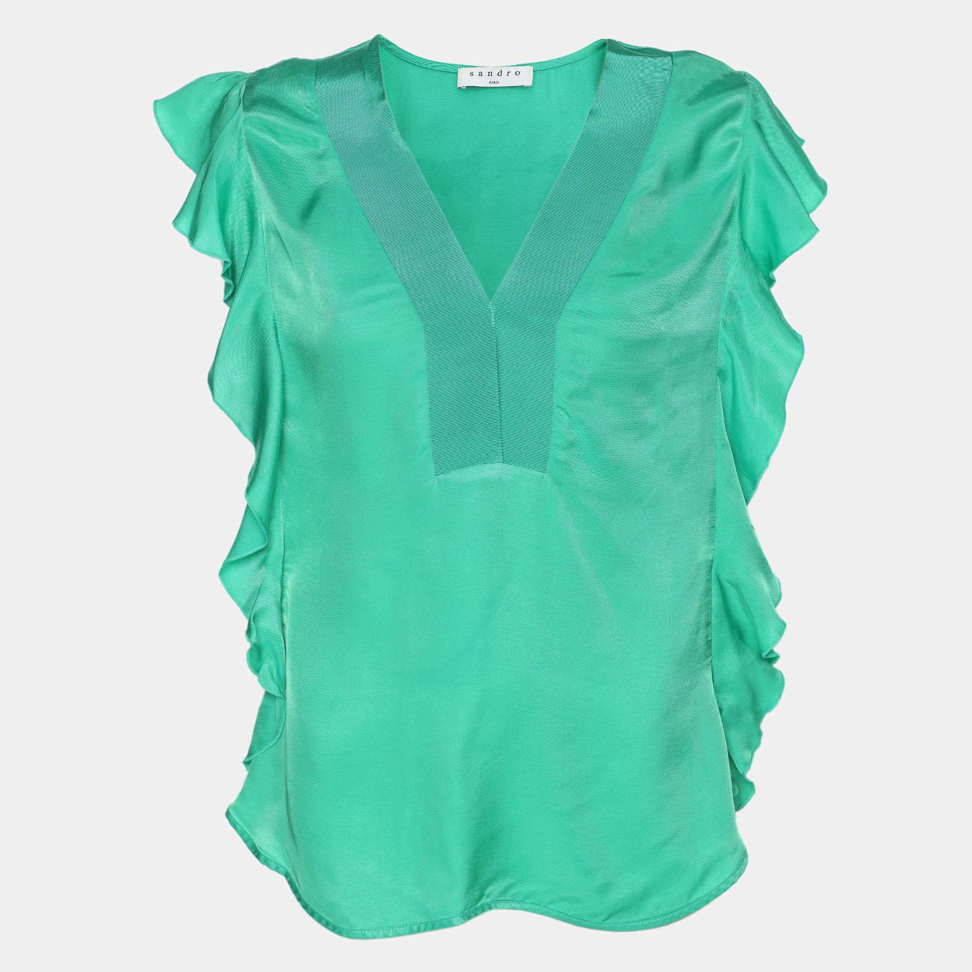 Sandro Green Crepe Viscose Ruffled Detail Top L