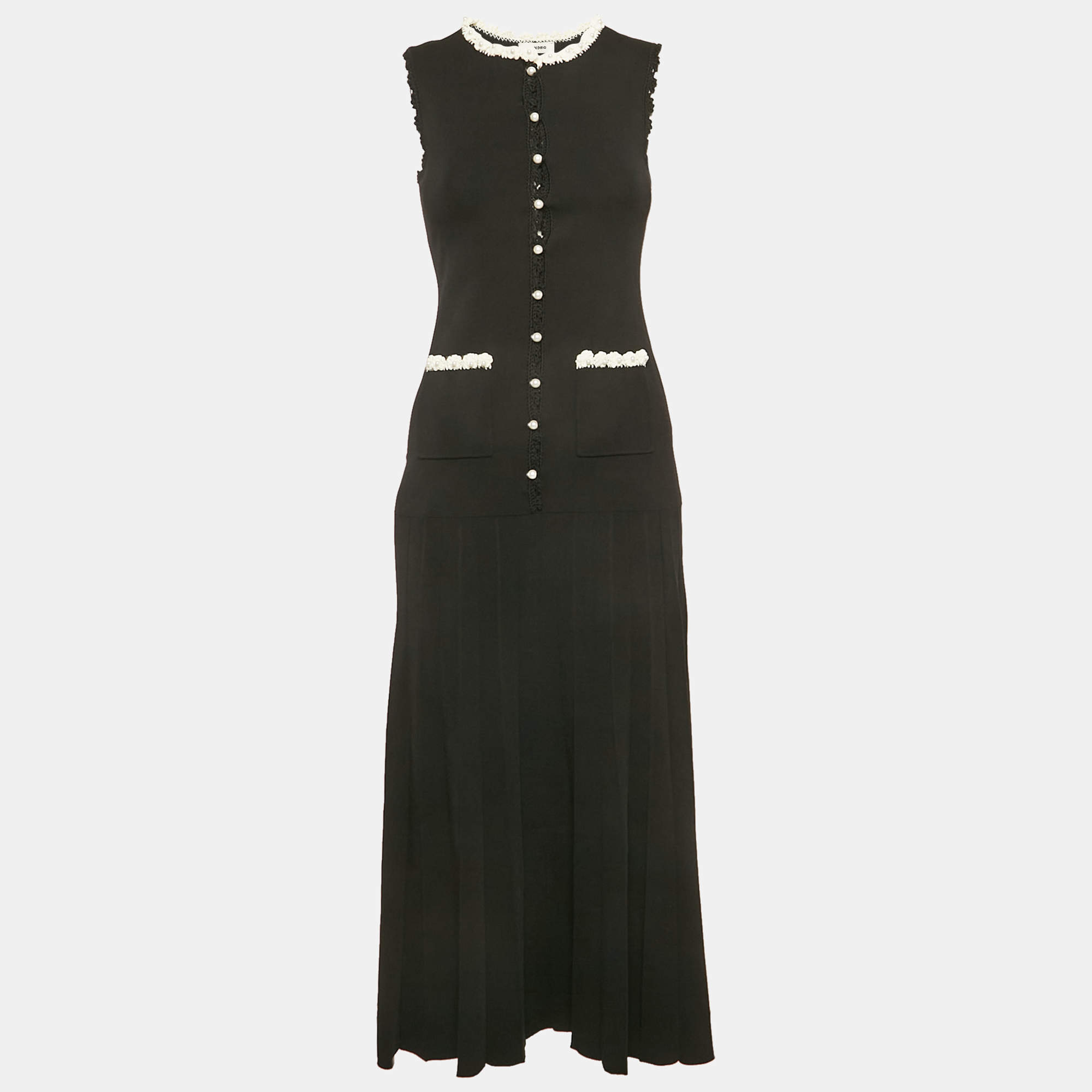 Sandro Black Crochet Trim Pleated Knit Long Dress S