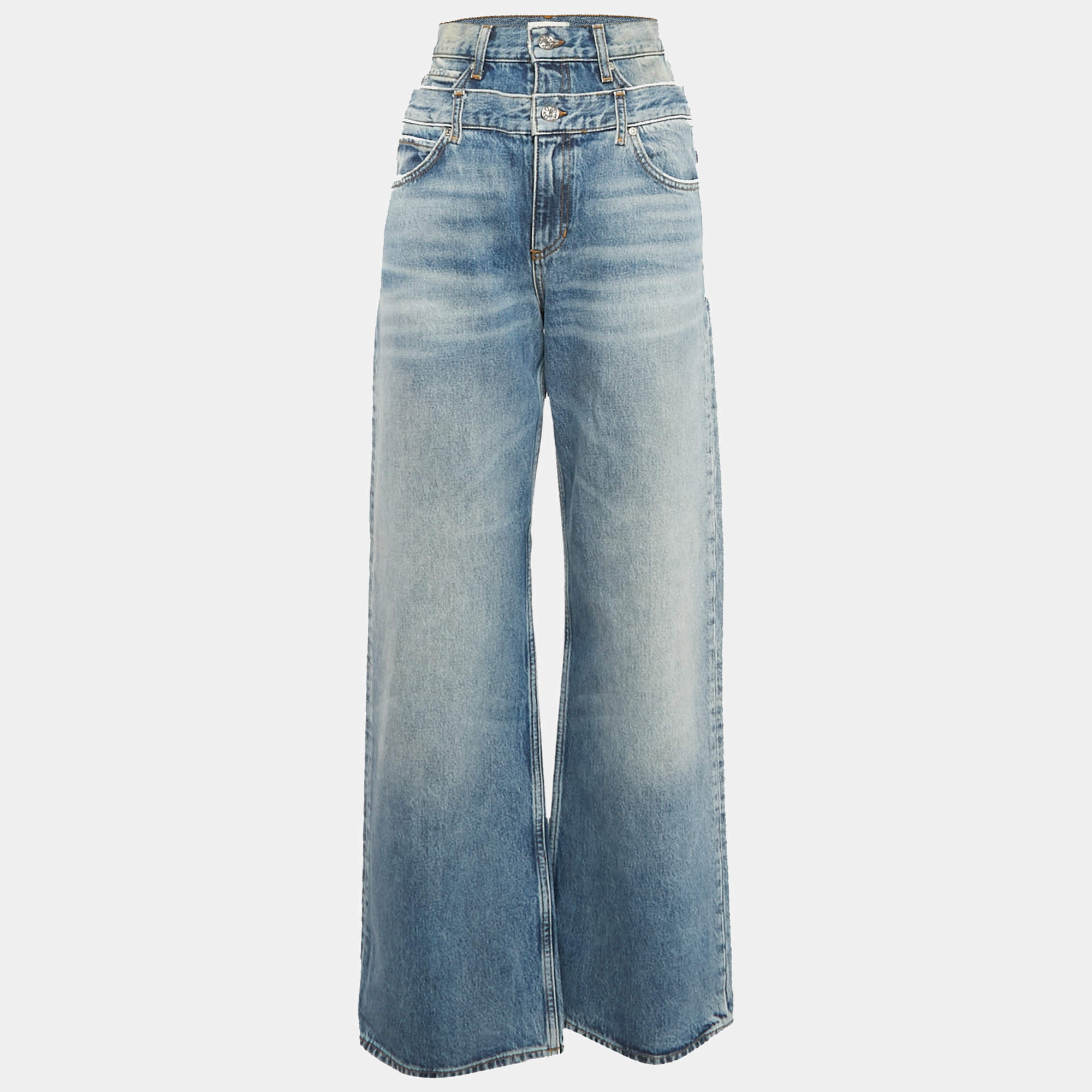 Sandro Blue Blue Layered Waist High Rise Wide Leg Jeans S Waist 24"