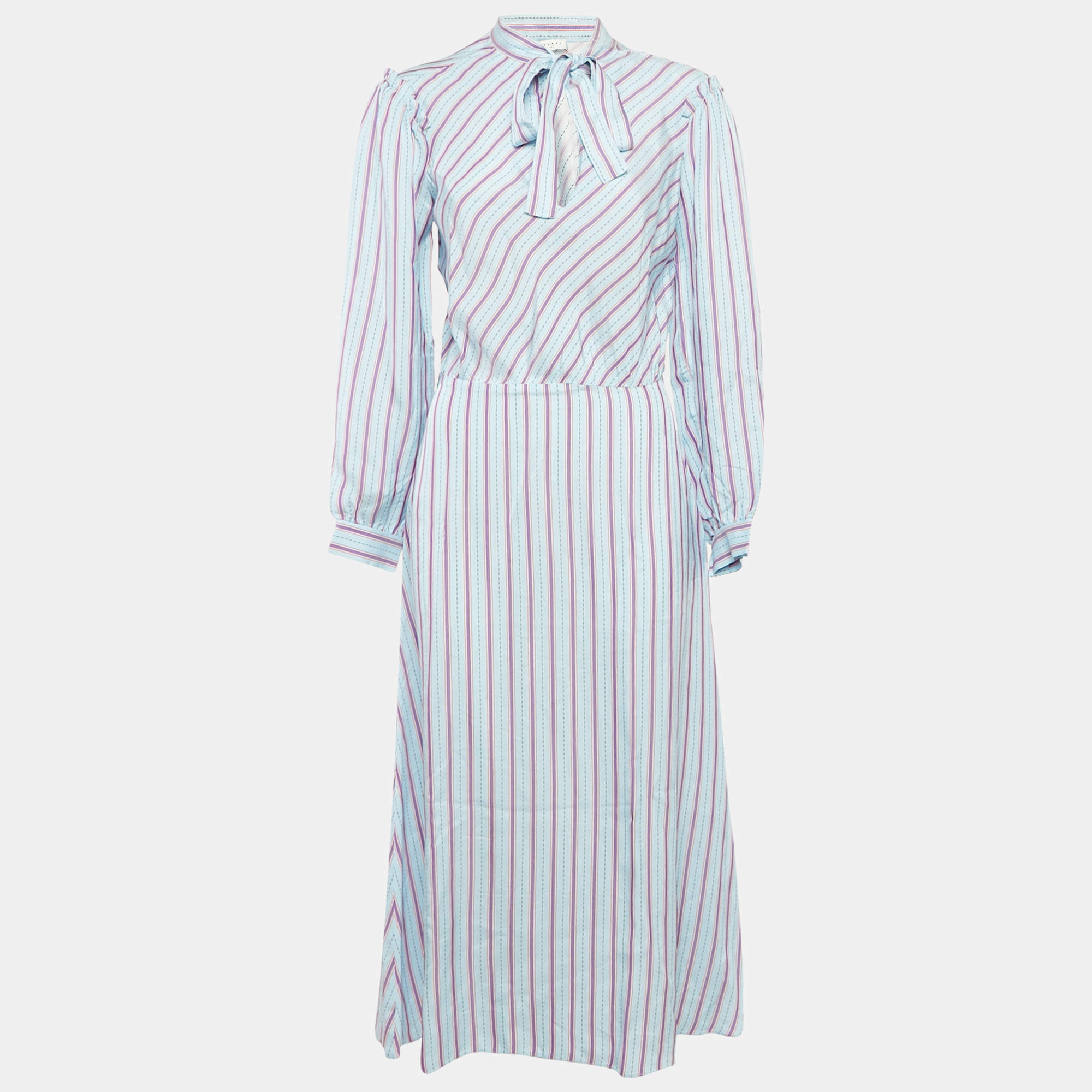 Sandro Blue Striped Sateen Tame Midi Dress M