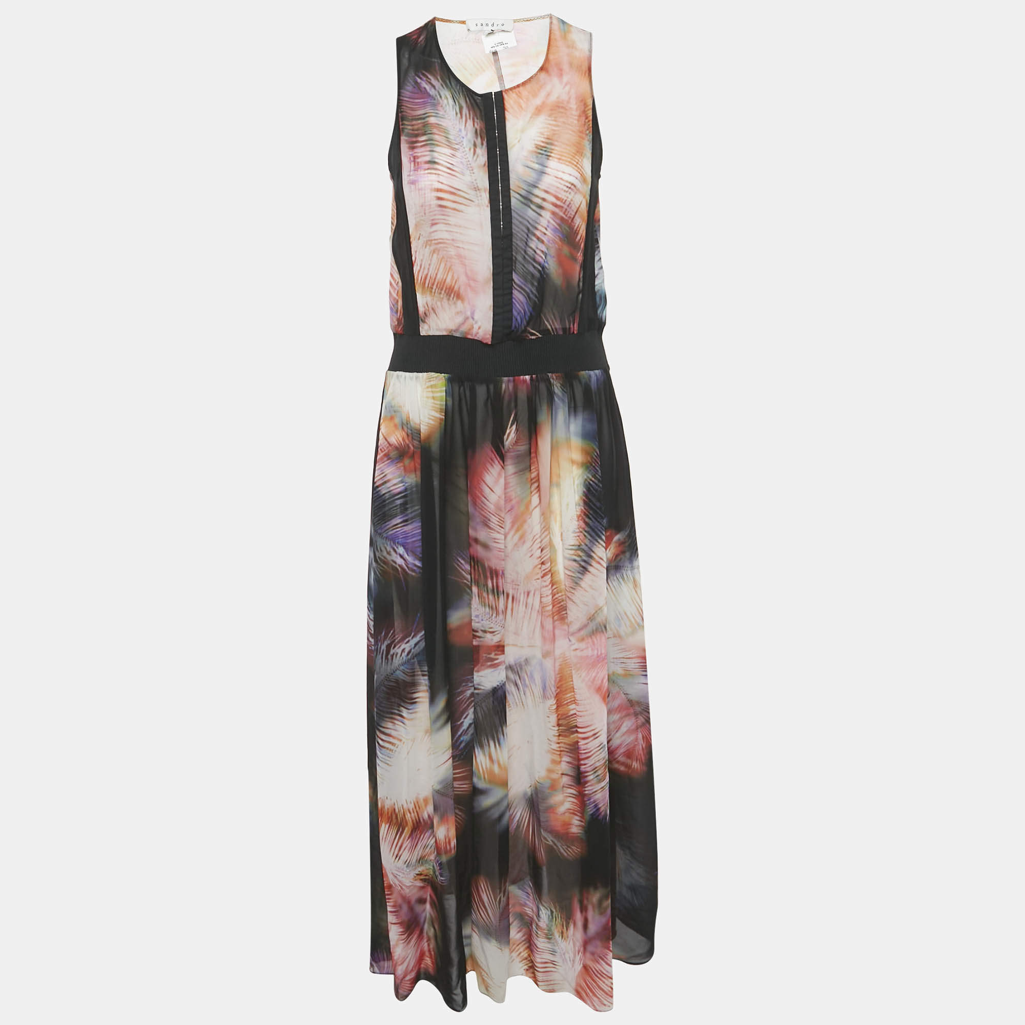 Sandro Pink Printed Silk and Rib Knit Trim Maxi Dress S