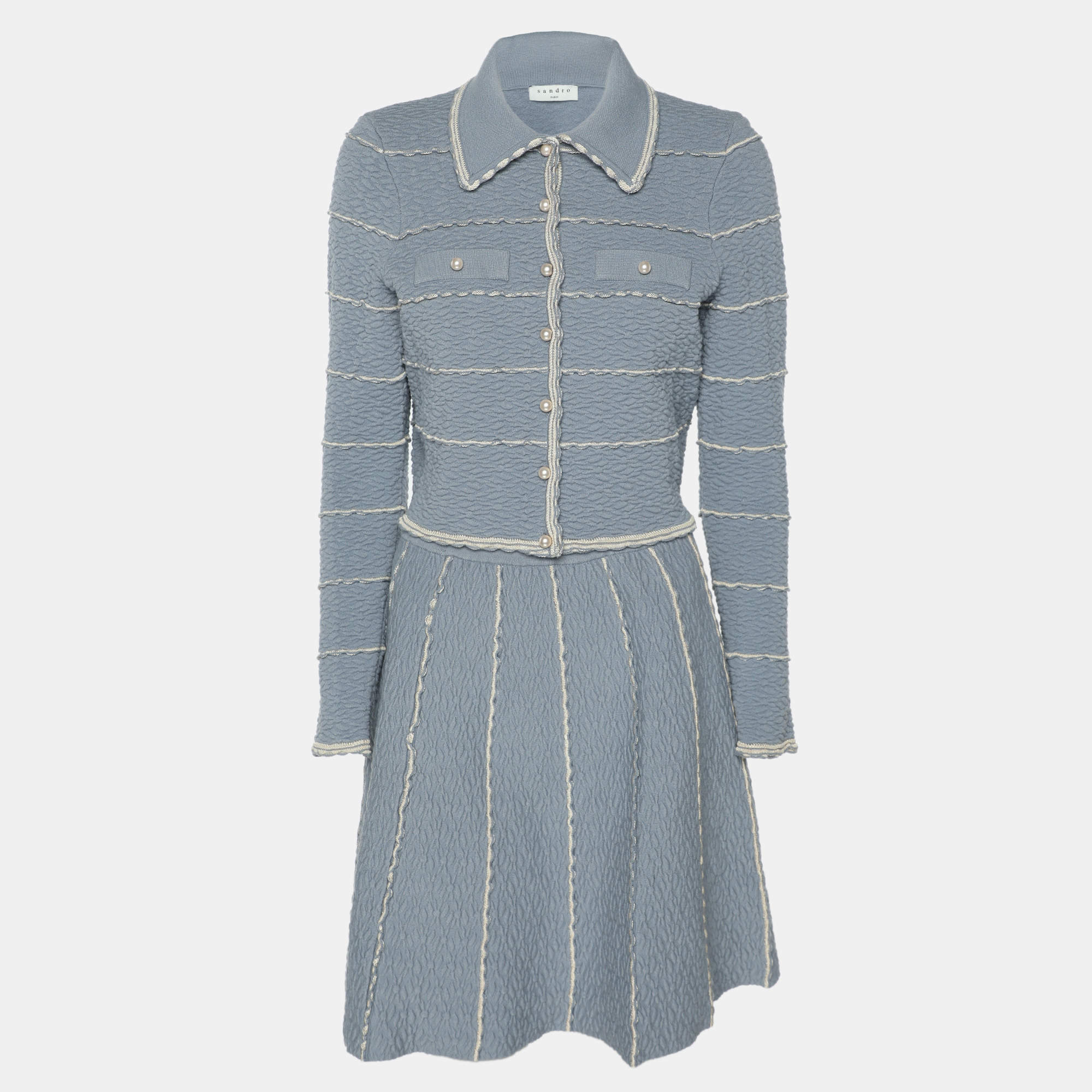 Sandro Blue Textured Stripe Stretch Knit Cardigan and Skirt Set S