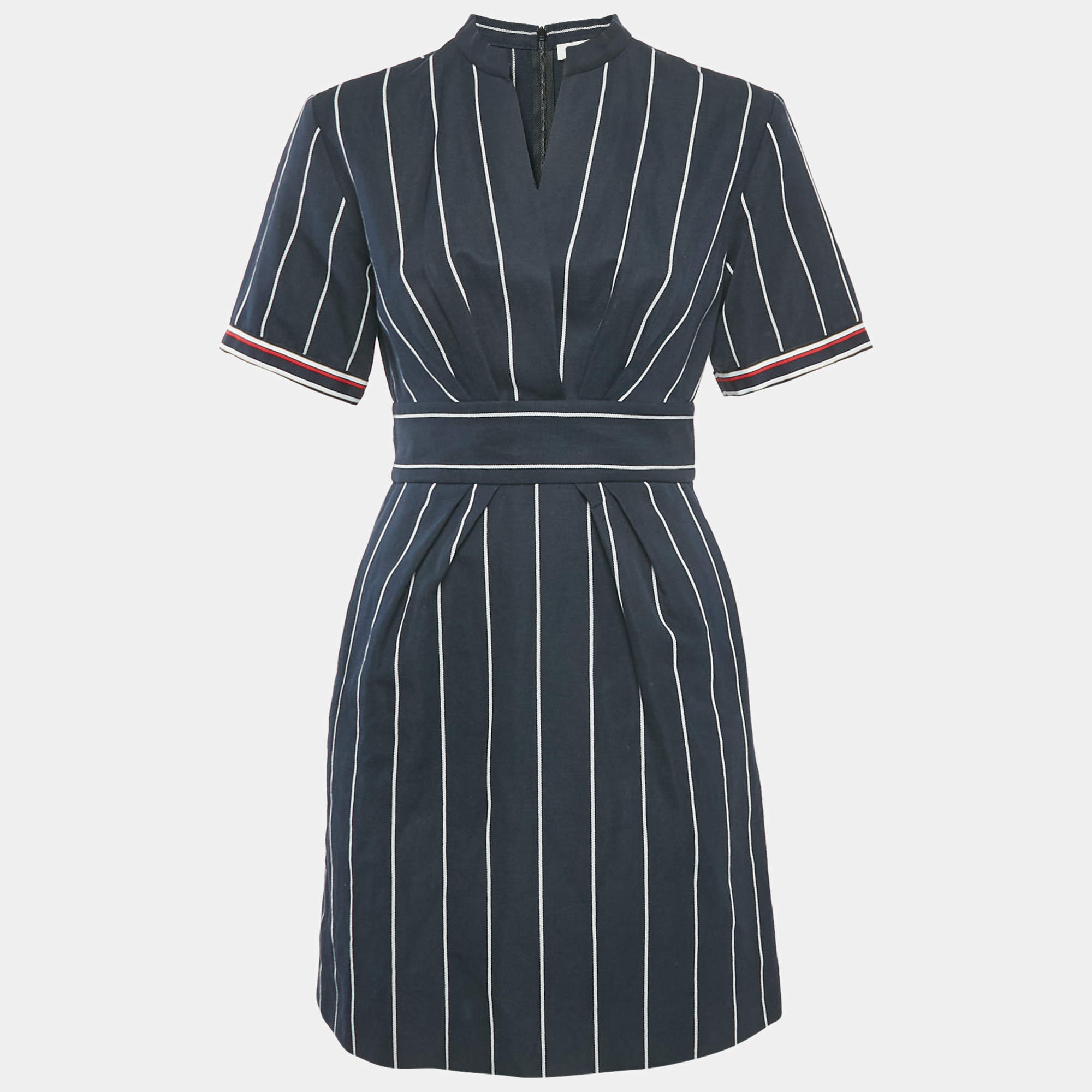 Sandro Navy Blue Striped Cotton & Linen Pleated Detail Mini Dress S