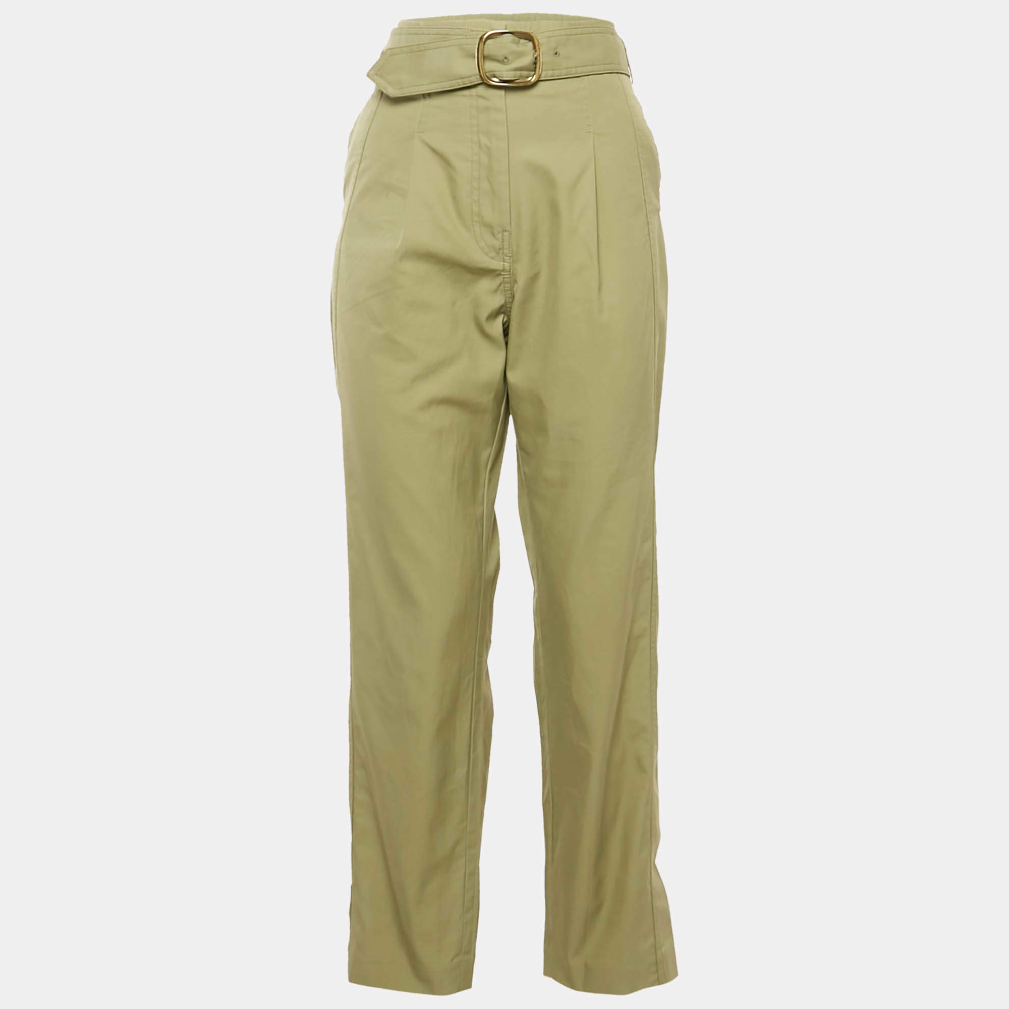 Pre Owned Sandro Sage Green Gabardine Cotton Belted High Rise Trousers M